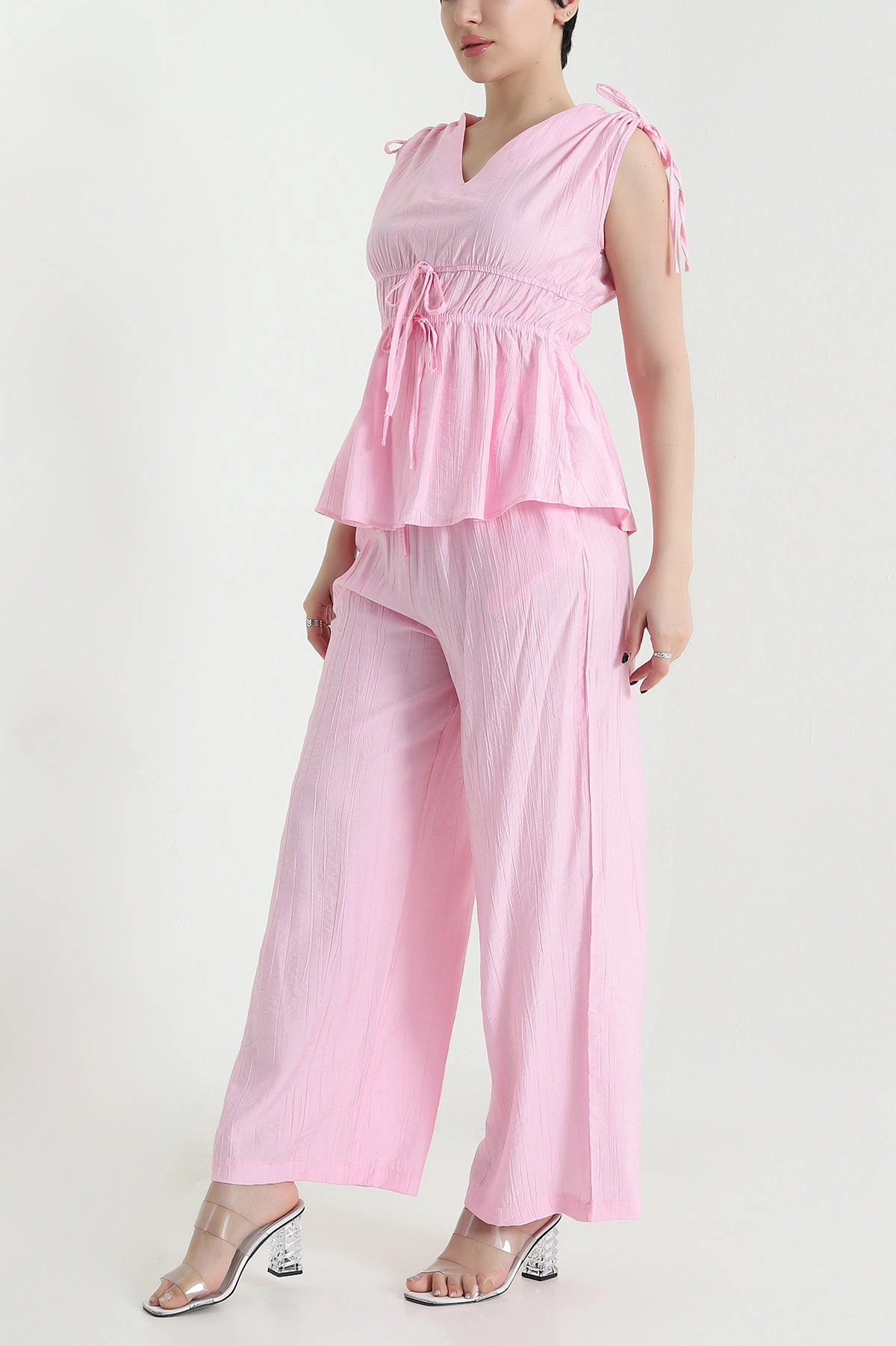 Pembe Bel Lastik Detay Çilek Kumaş Kadın İkili Takım 454776