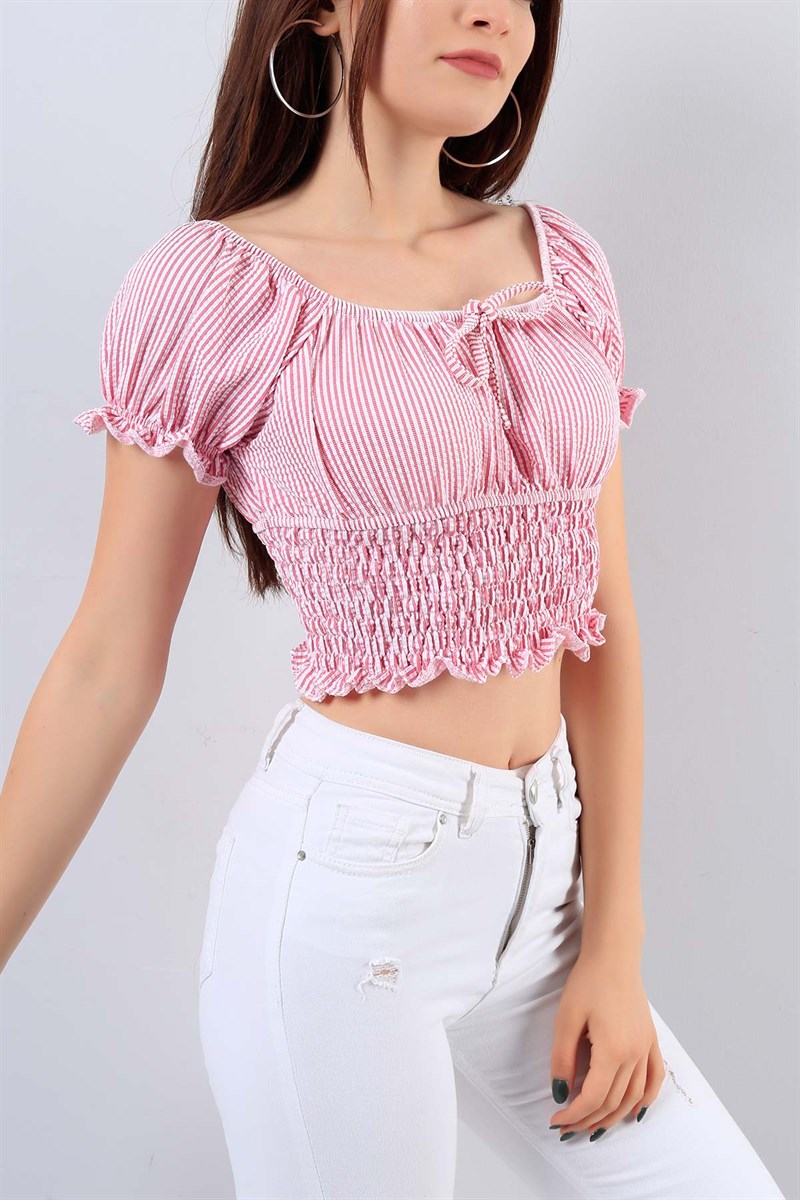 Pembe Bel Lastikli Bayan Bluz 16309B