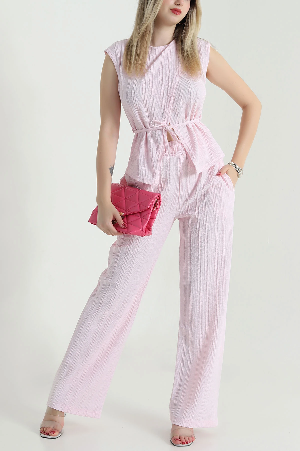 Pembe Bel Lastikli Krinkıl Kadın İkili Takım 473607