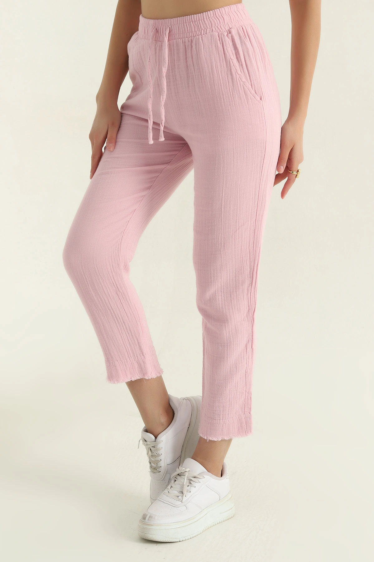 Pembe Bel Lastikli Müslin Kadın Pantolon 362367