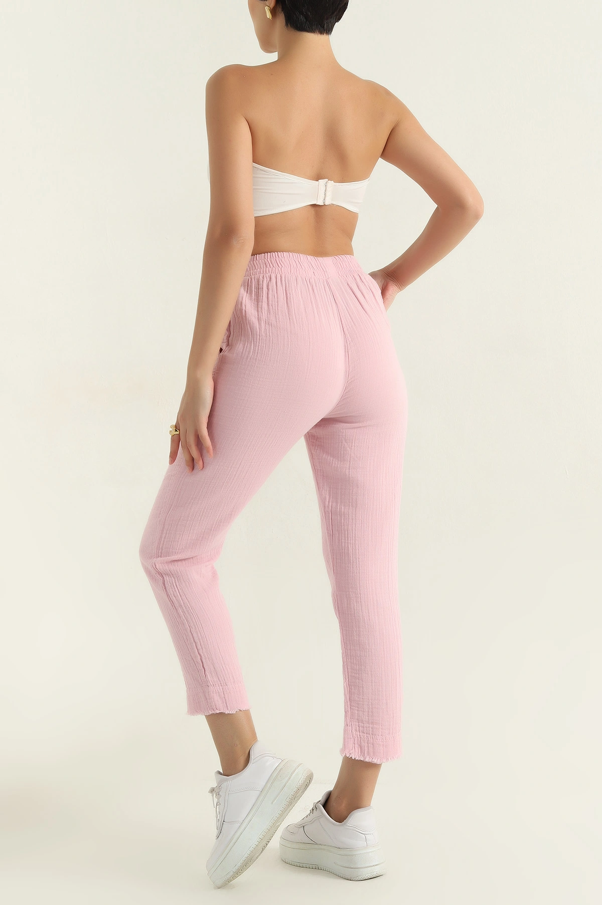 Pembe Bel Lastikli Müslin Kadın Pantolon 362367