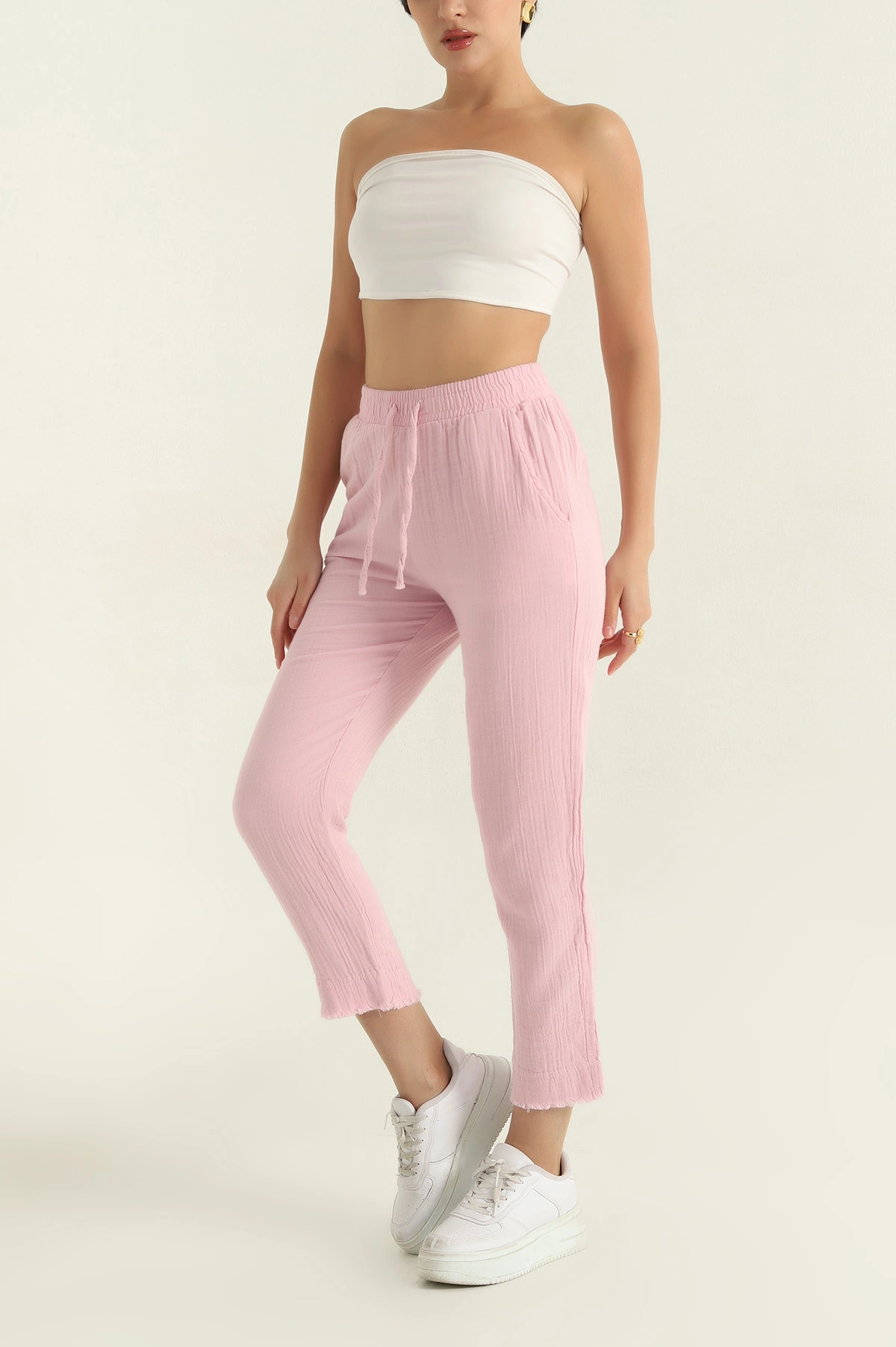 Pembe Bel Lastikli Müslin Kadın Pantolon 362367