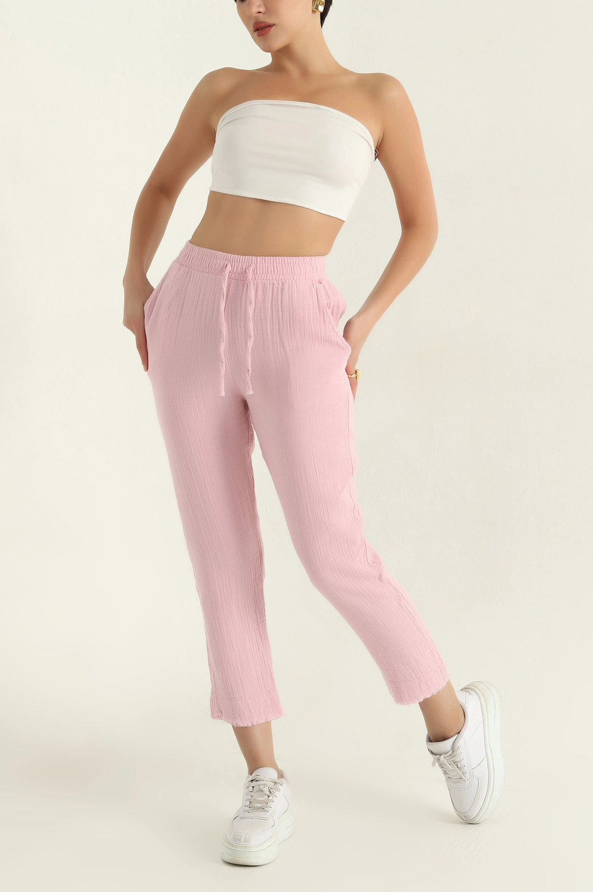 Pembe Bel Lastikli Müslin Kadın Pantolon 362367