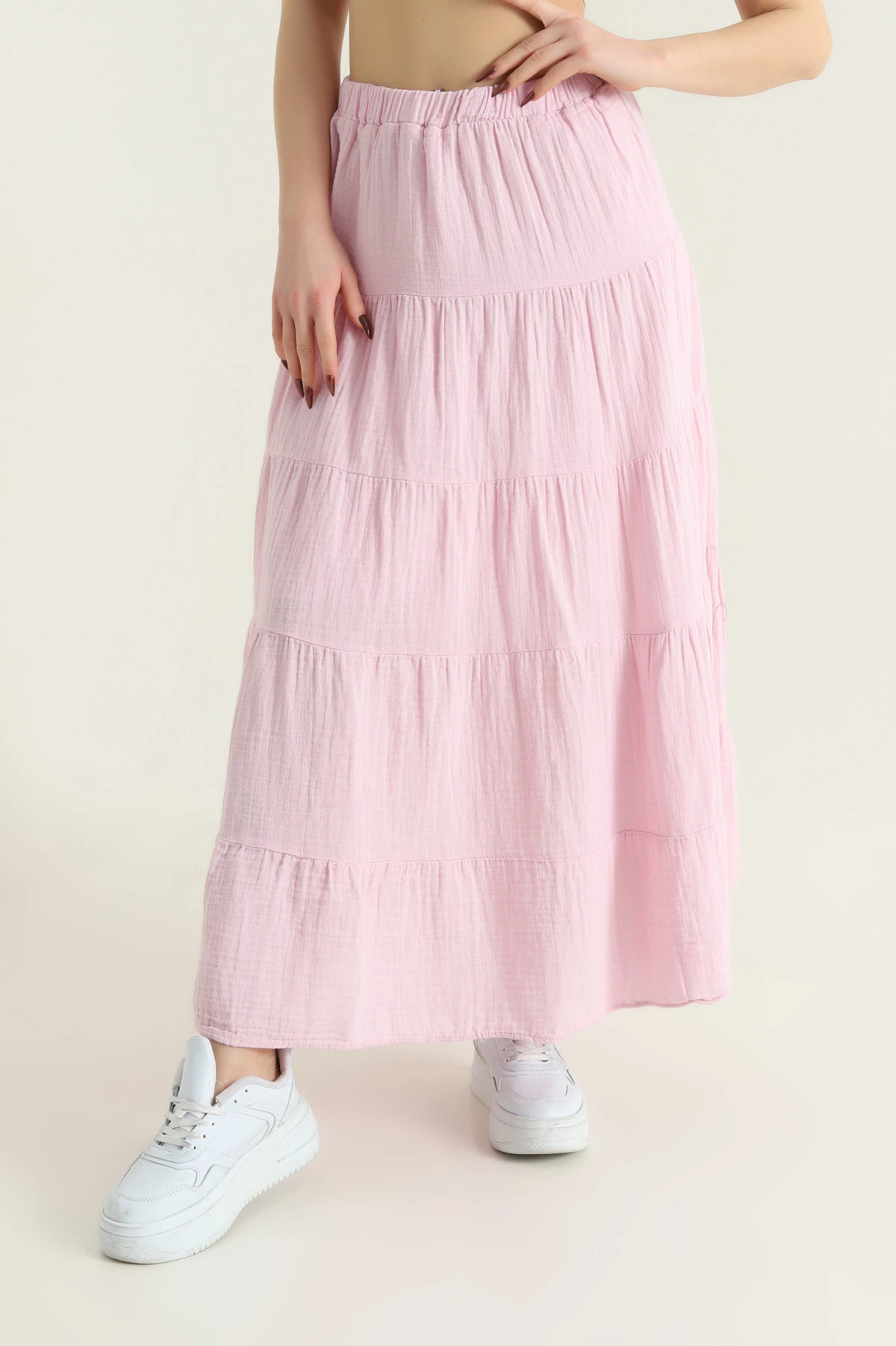 Pembe Bel Lastikli Müslin Keten Çan Kadın Etek 432545