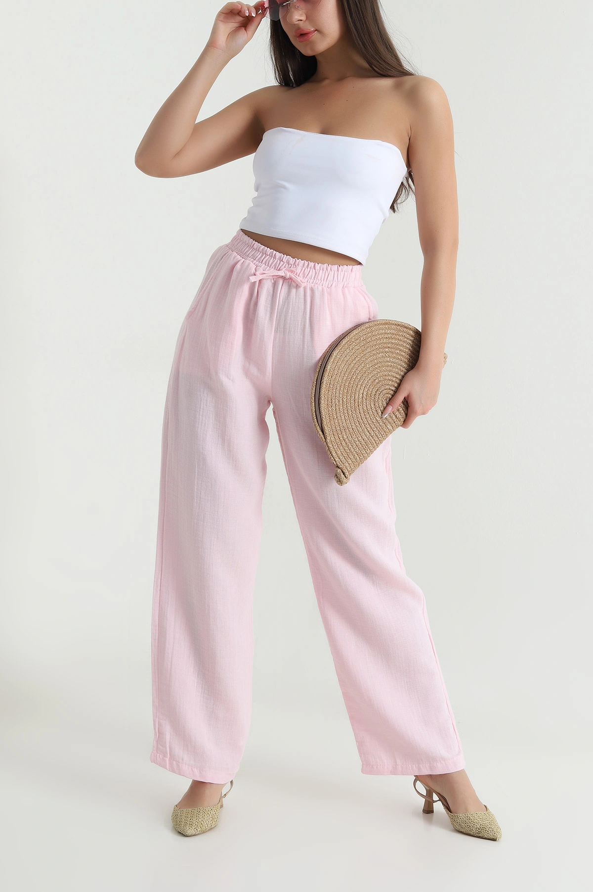 Pembe Bel Lastikli Müslin Keten Kadın Pantolon 464562
