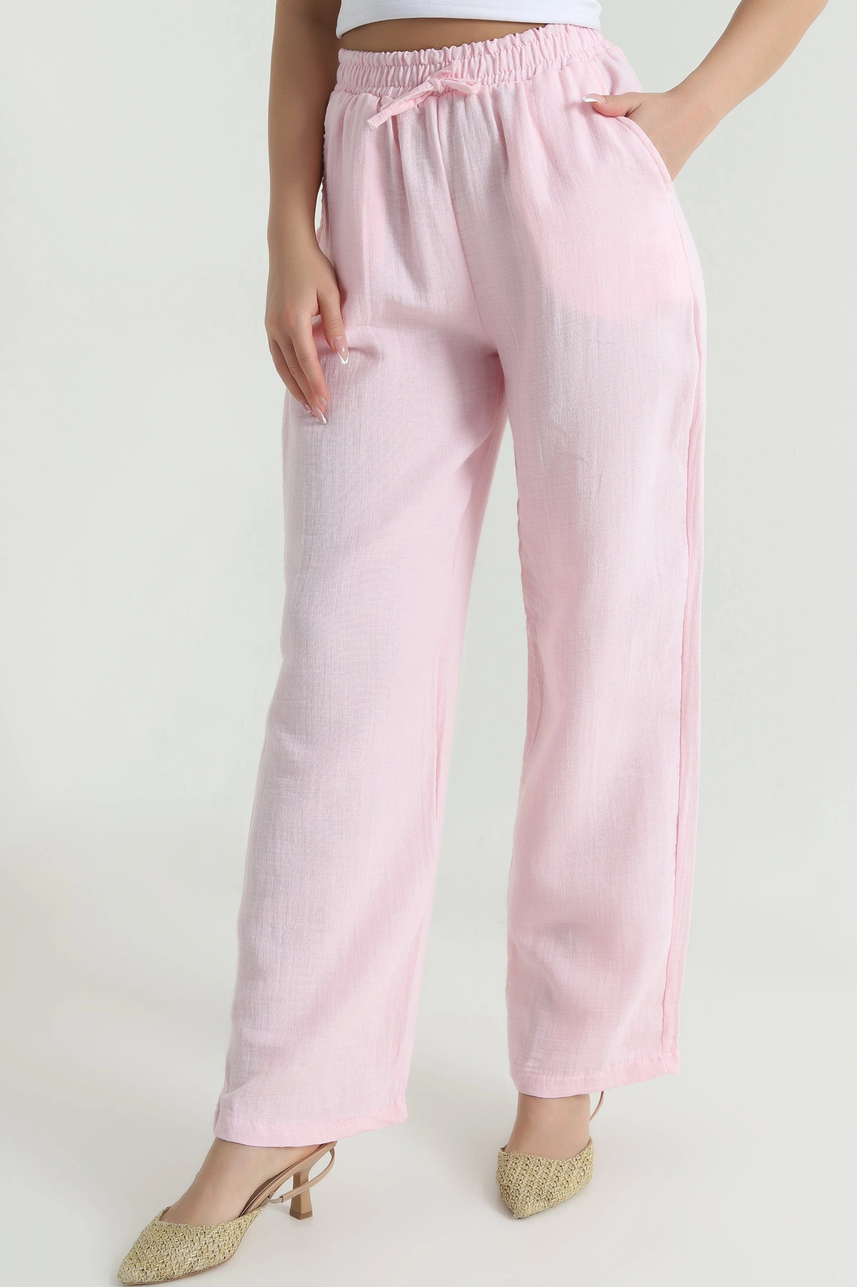 Pembe Bel Lastikli Müslin Keten Kadın Pantolon 464562