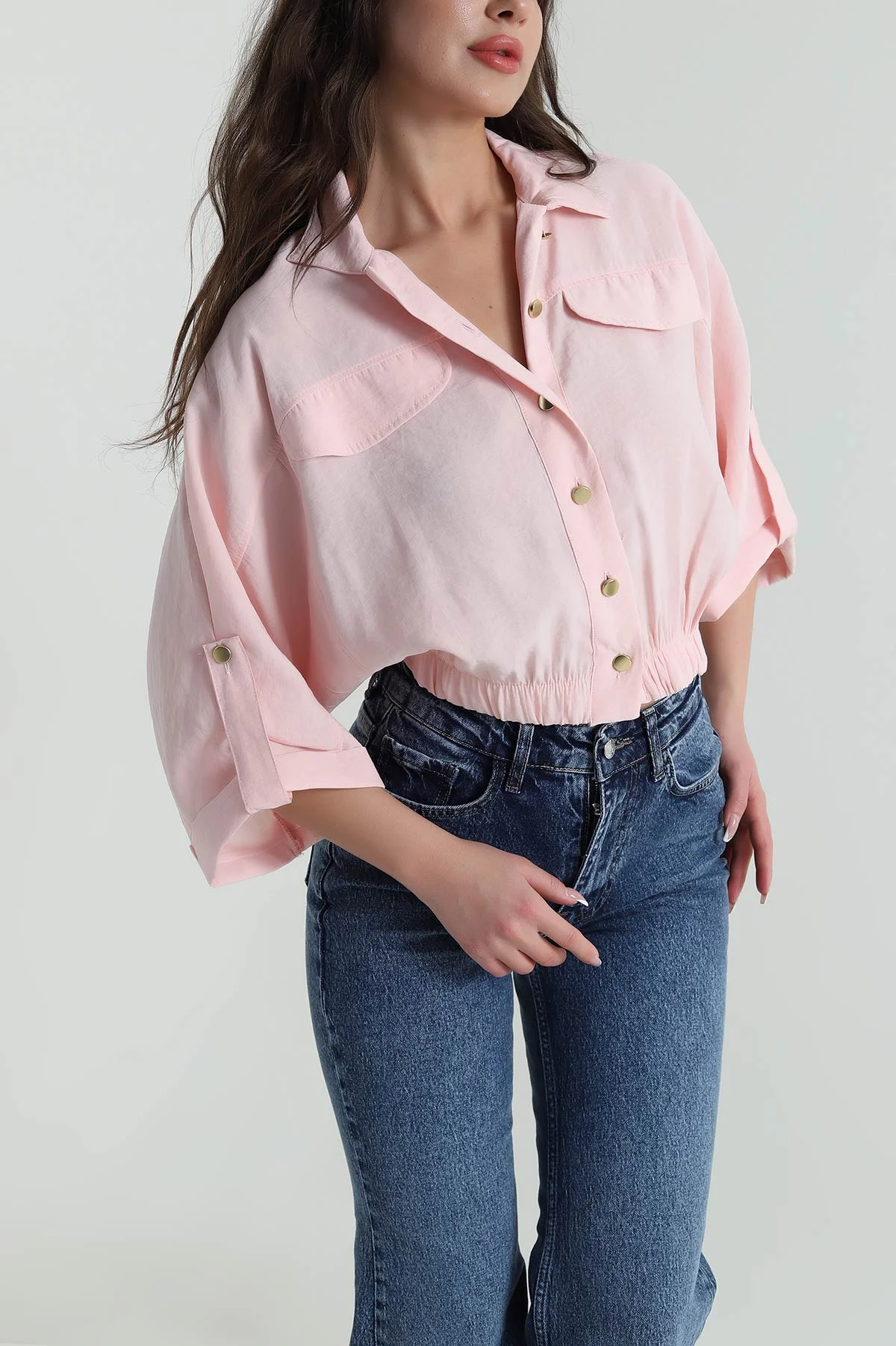 Pembe Bel Lastikli Tencel Kadın Gömlek 458828