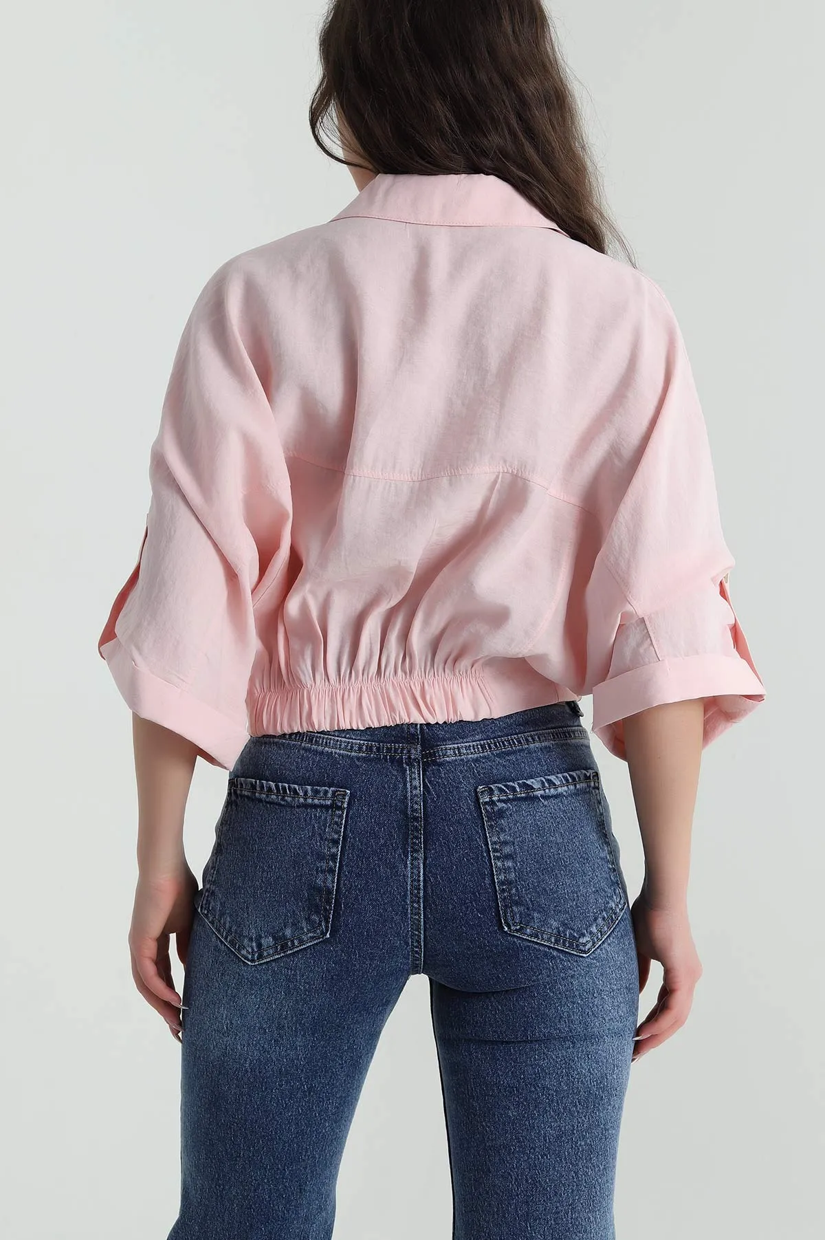 Pembe Bel Lastikli Tencel Kadın Gömlek 458828