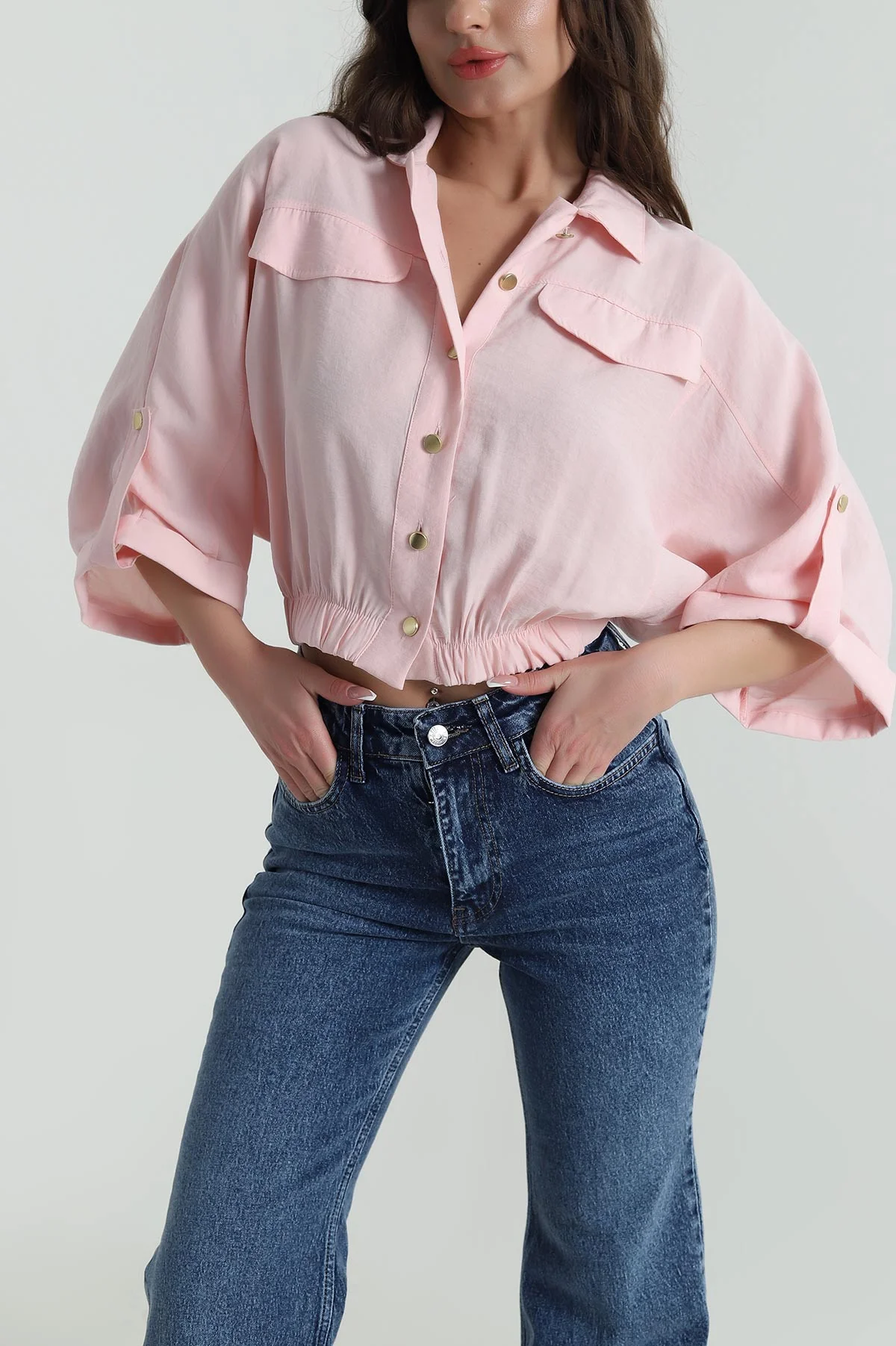 Pembe Bel Lastikli Tencel Kadın Gömlek 458828