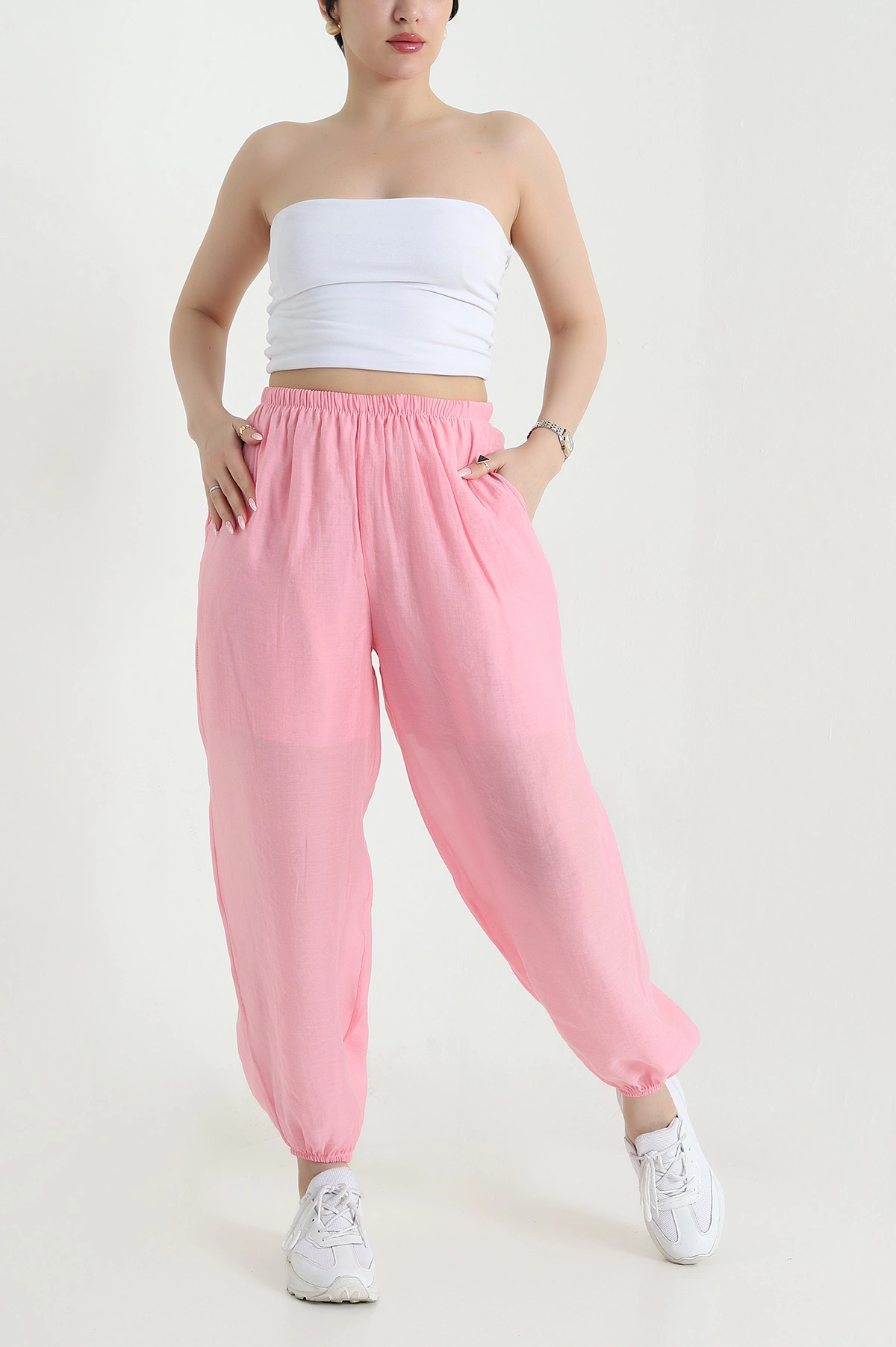 Pembe Bel ve Paça Lastikli Tensel Kadın Pantolon 457047