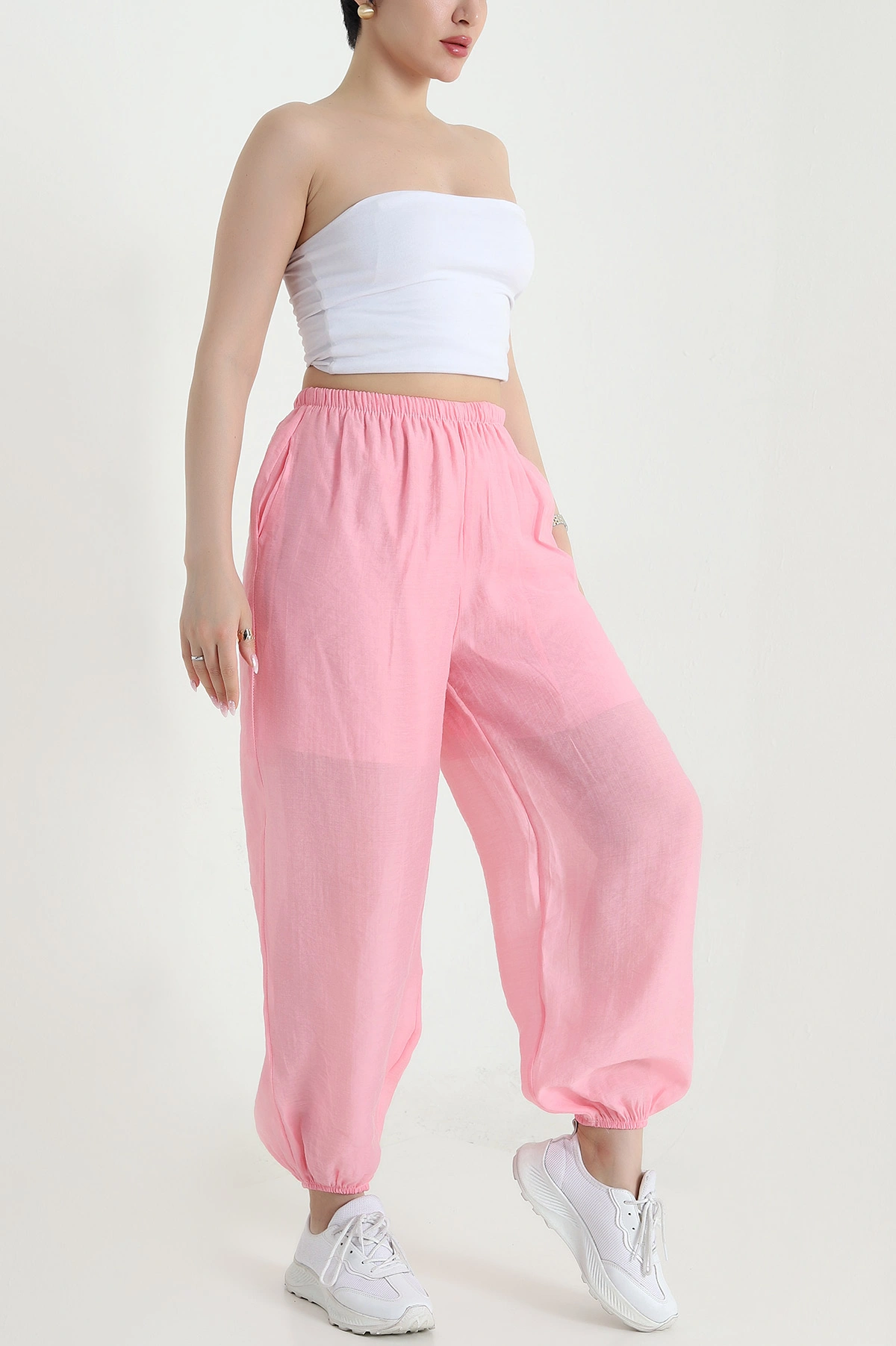 Pembe Bel ve Paça Lastikli Tensel Kadın Pantolon 457047