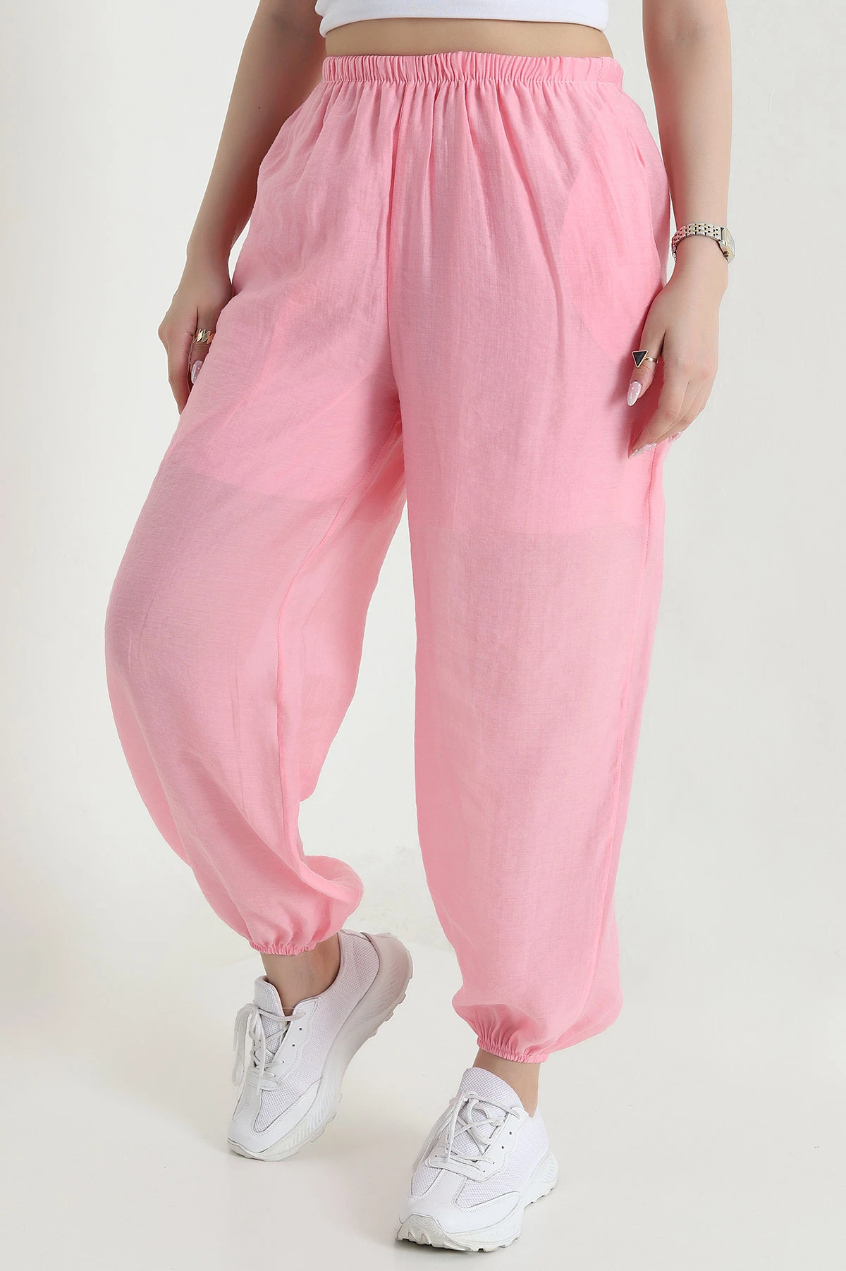 Pembe Bel ve Paça Lastikli Tensel Kadın Pantolon 457047