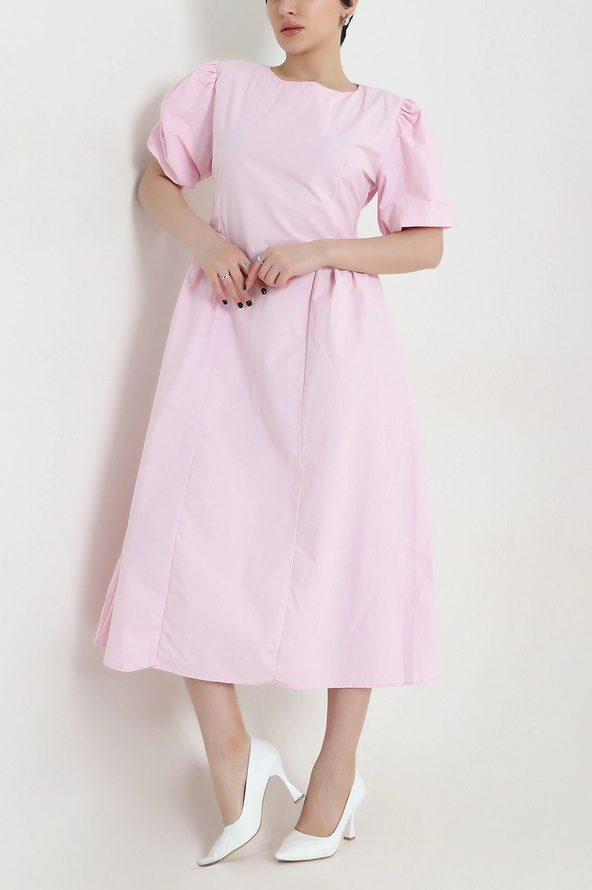 Pembe Belden Bağlamalı Poplin Kadın Elbise 454996