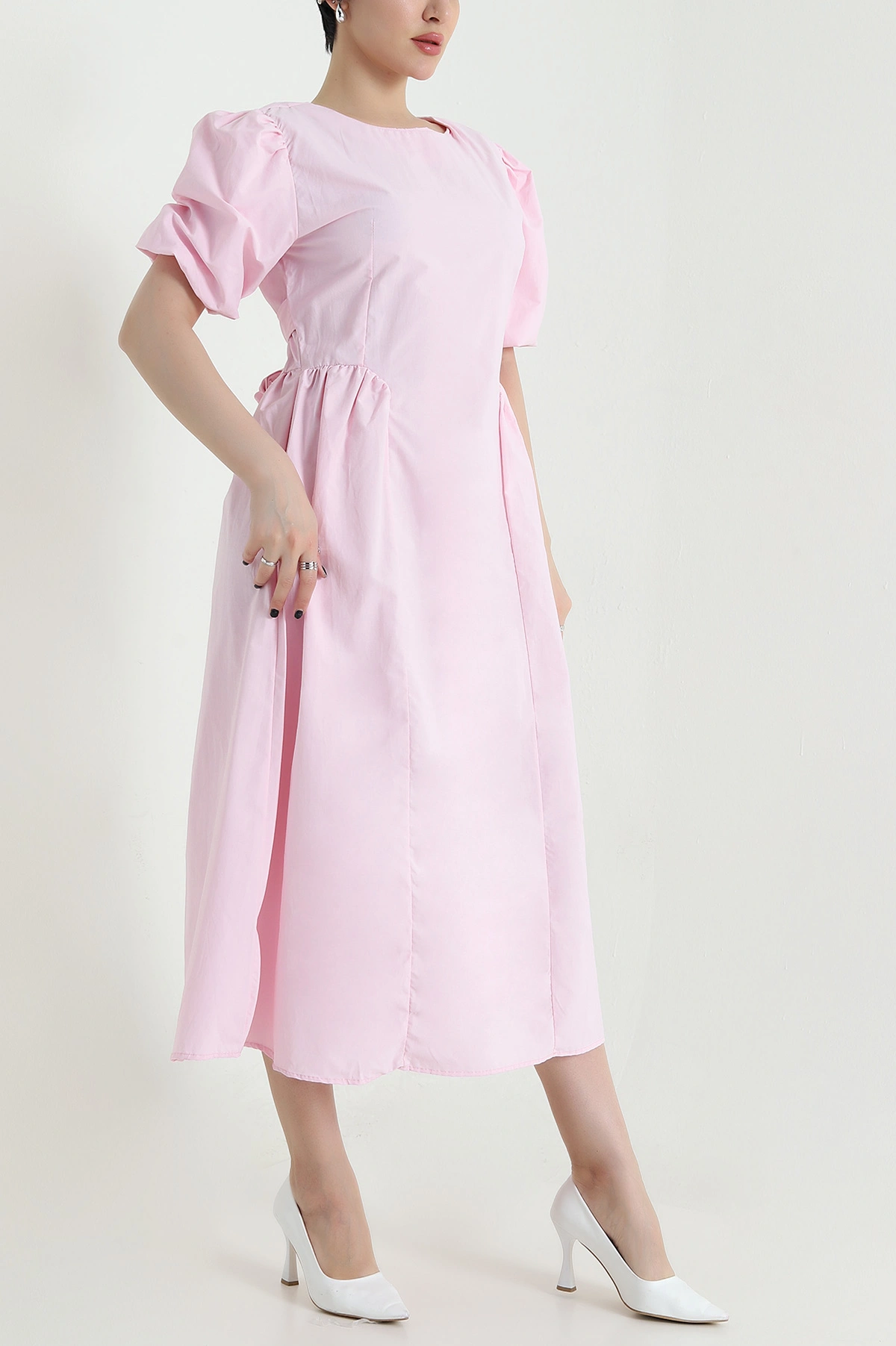 Pembe Belden Bağlamalı Poplin Kadın Elbise 454996