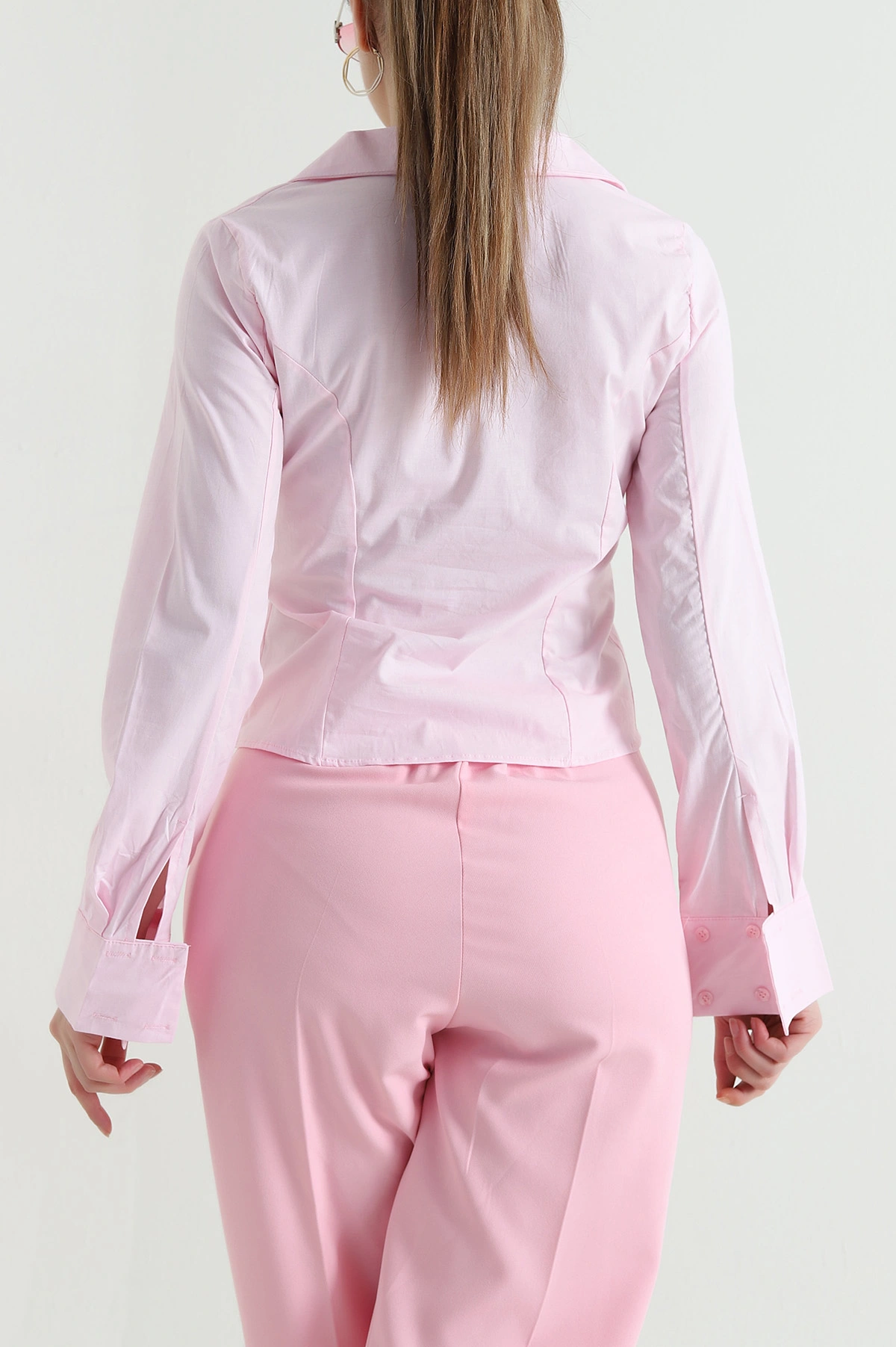 Pembe Belden Oturtmalı Poplin Kadın Gömlek 445069