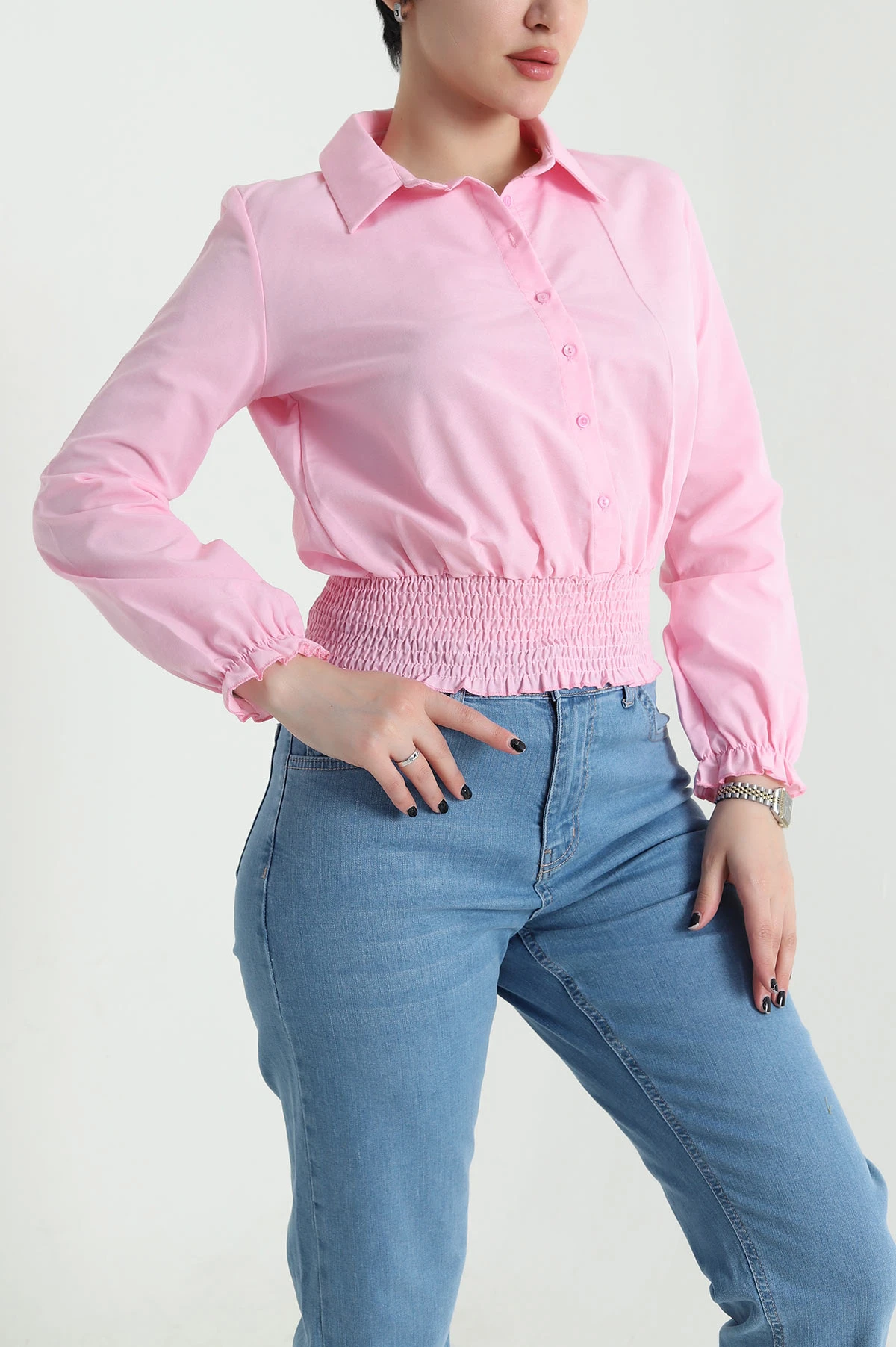 Pembe Beli Gipeli Poplin Kadın Gömlek Bluz 456831
