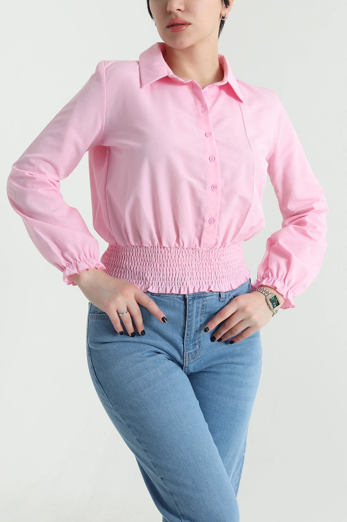 Pembe Beli Gipeli Poplin Kadın Gömlek Bluz 456831