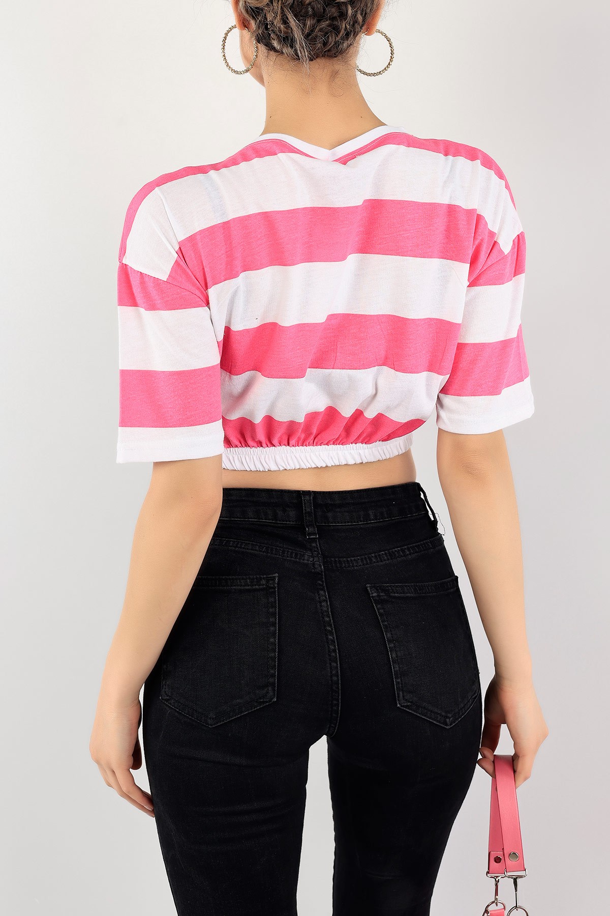 Pembe Beli Lastikli Crop Tişört 116011