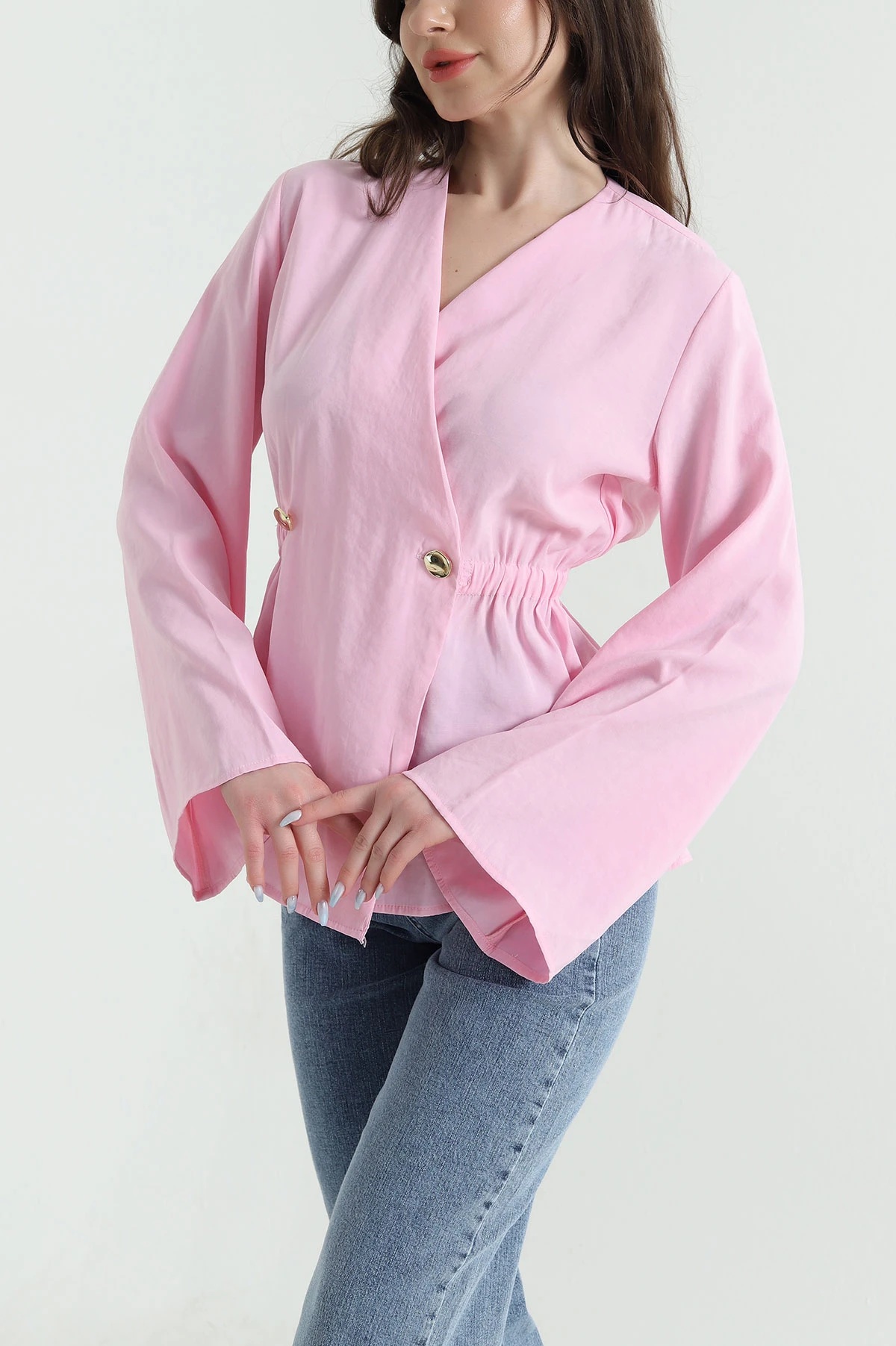 Pembe Beli Lastikli Cupra Modal Kadın Bluz 446816