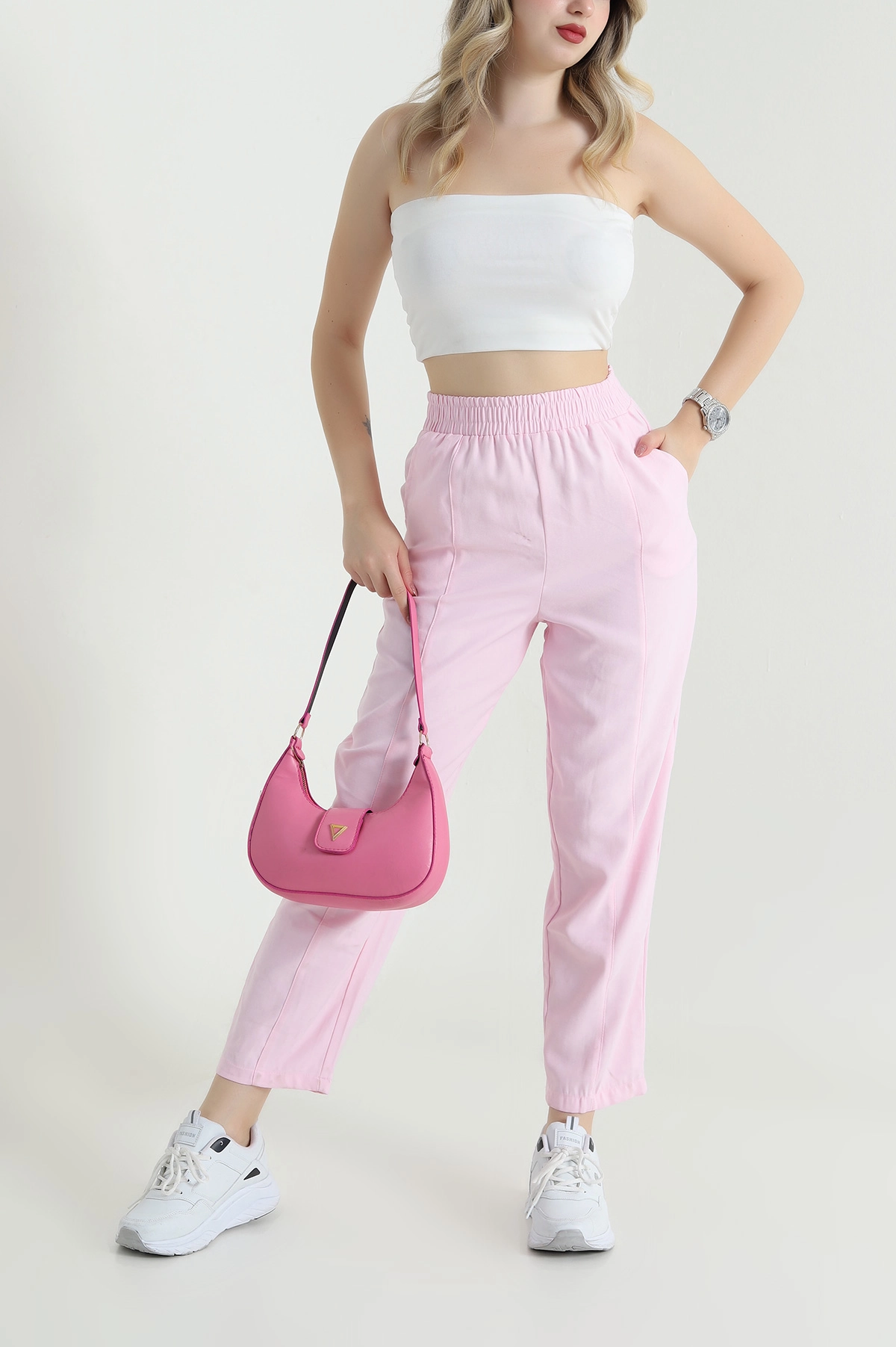Pembe Beli Lastikli Diagonel Modal Kadın Pantolon 467499