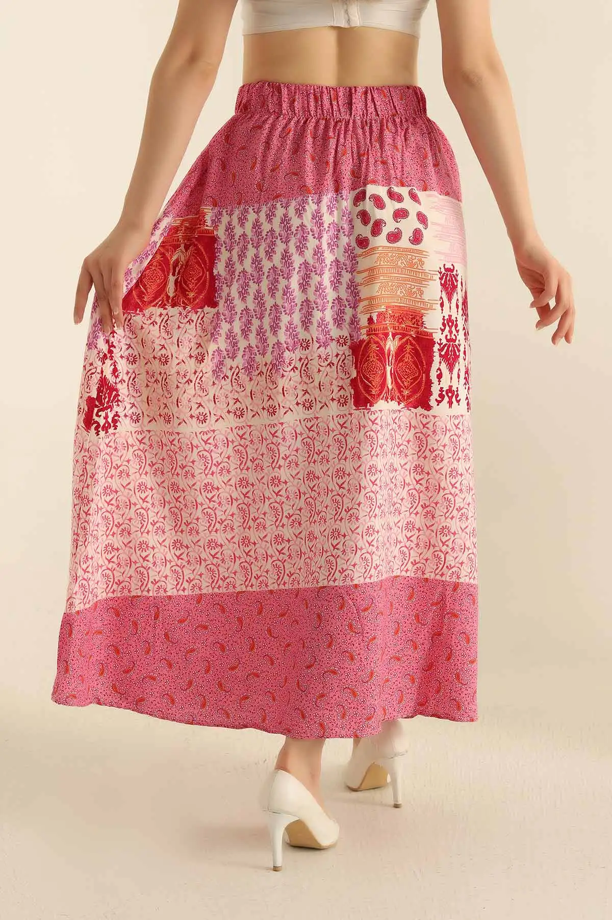 Pembe Beli Lastikli Dokuma Viskon Etek 279012