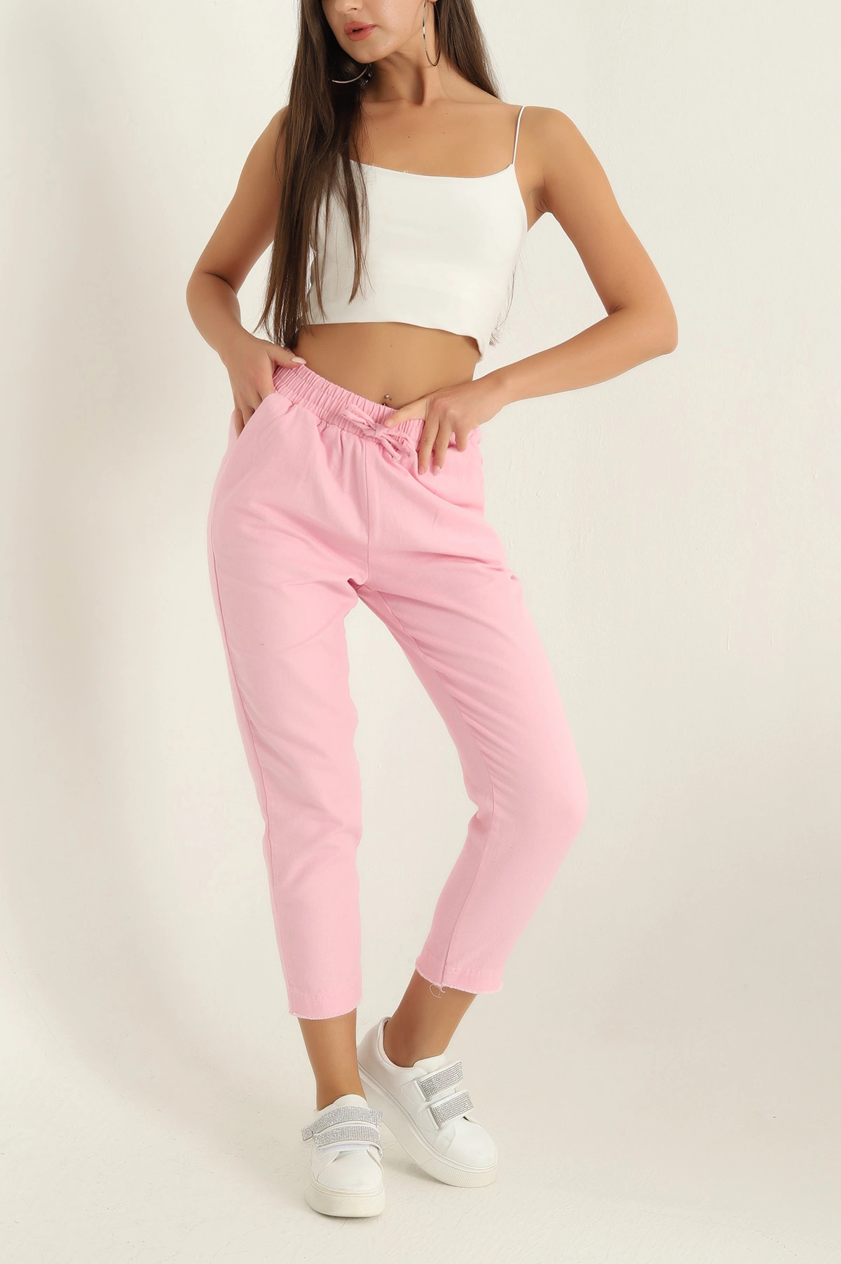 Pembe Beli lastikli Gabardin Bayan Pantolon 297344