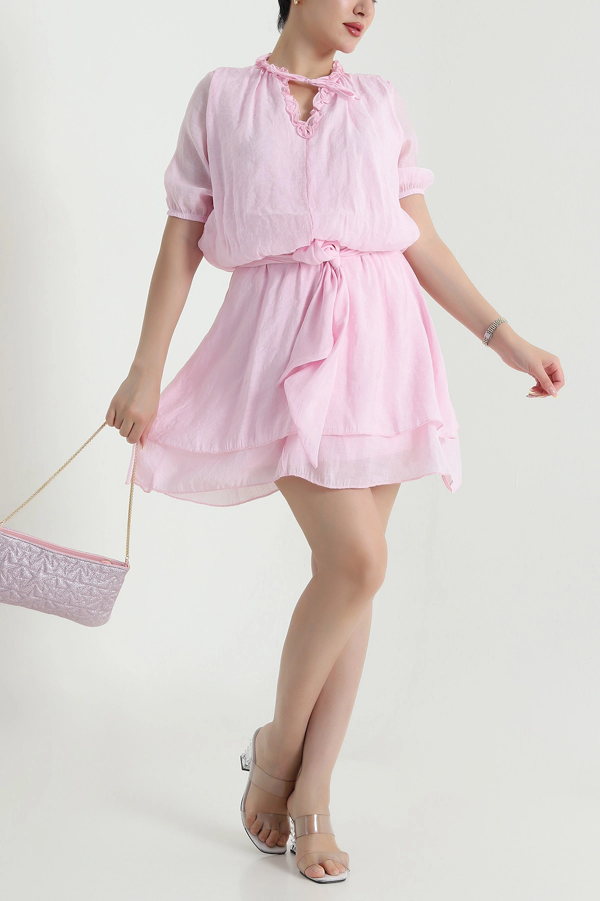 Pembe Beli Lastikli Katlı Tensel Kadın Elbise 469752