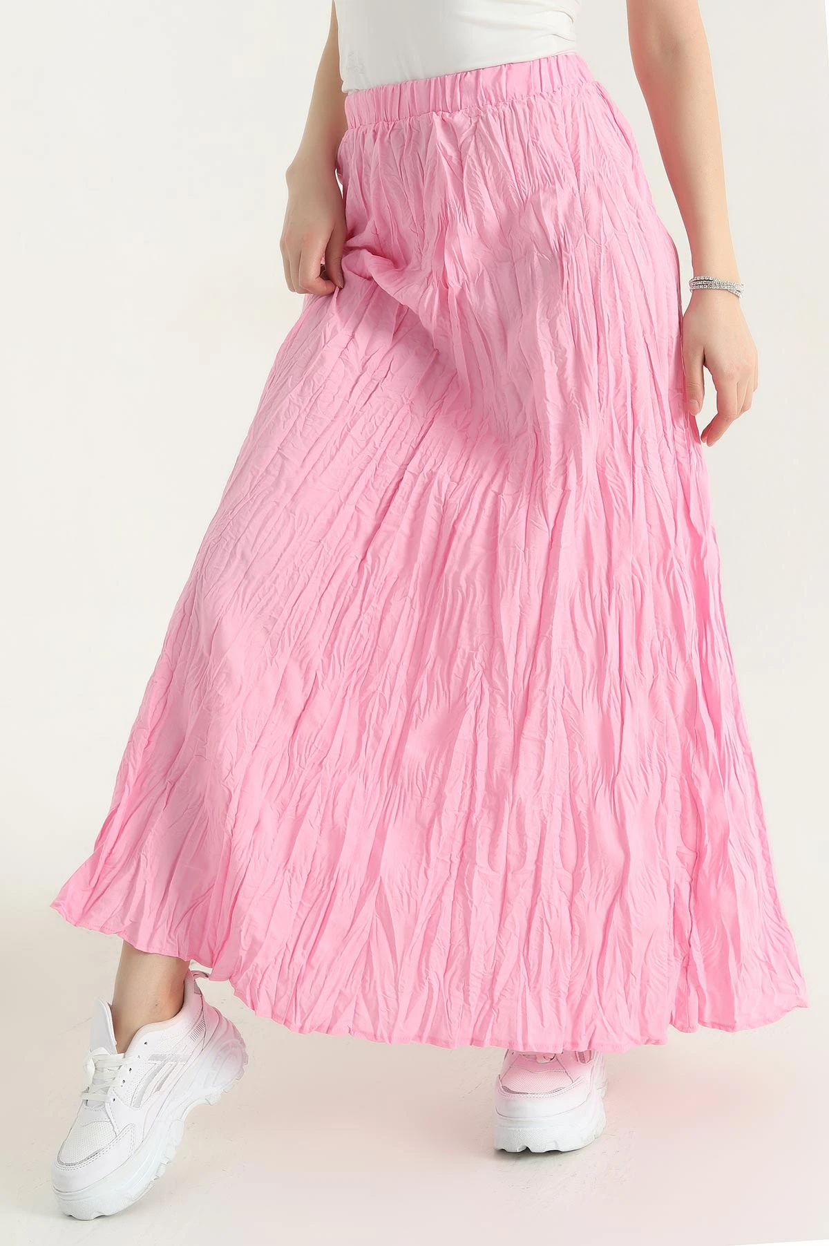Pembe Beli Lastikli Kırışık Tasarım Etek 342844