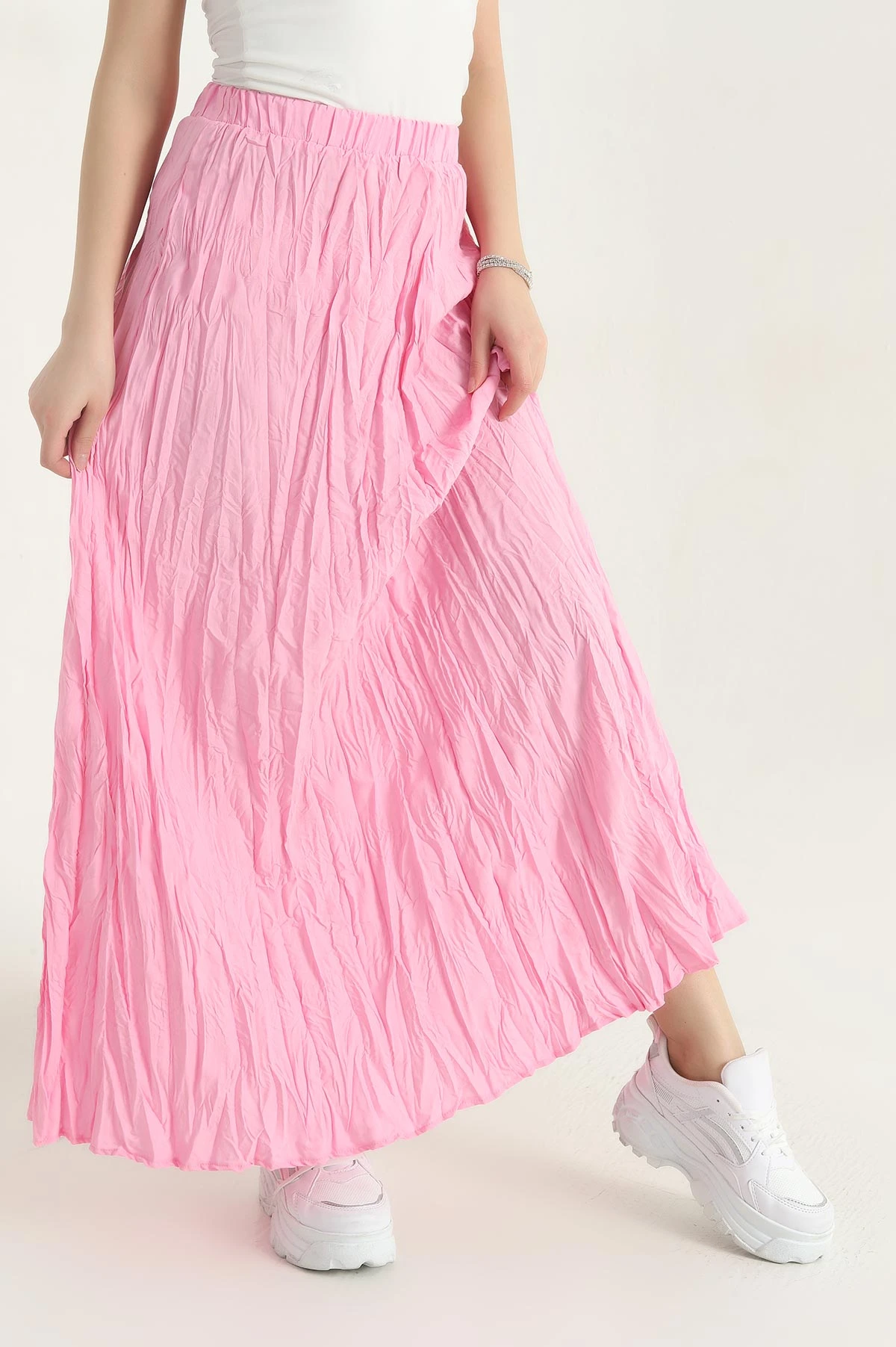 Pembe Beli Lastikli Kırışık Tasarım Etek 342844