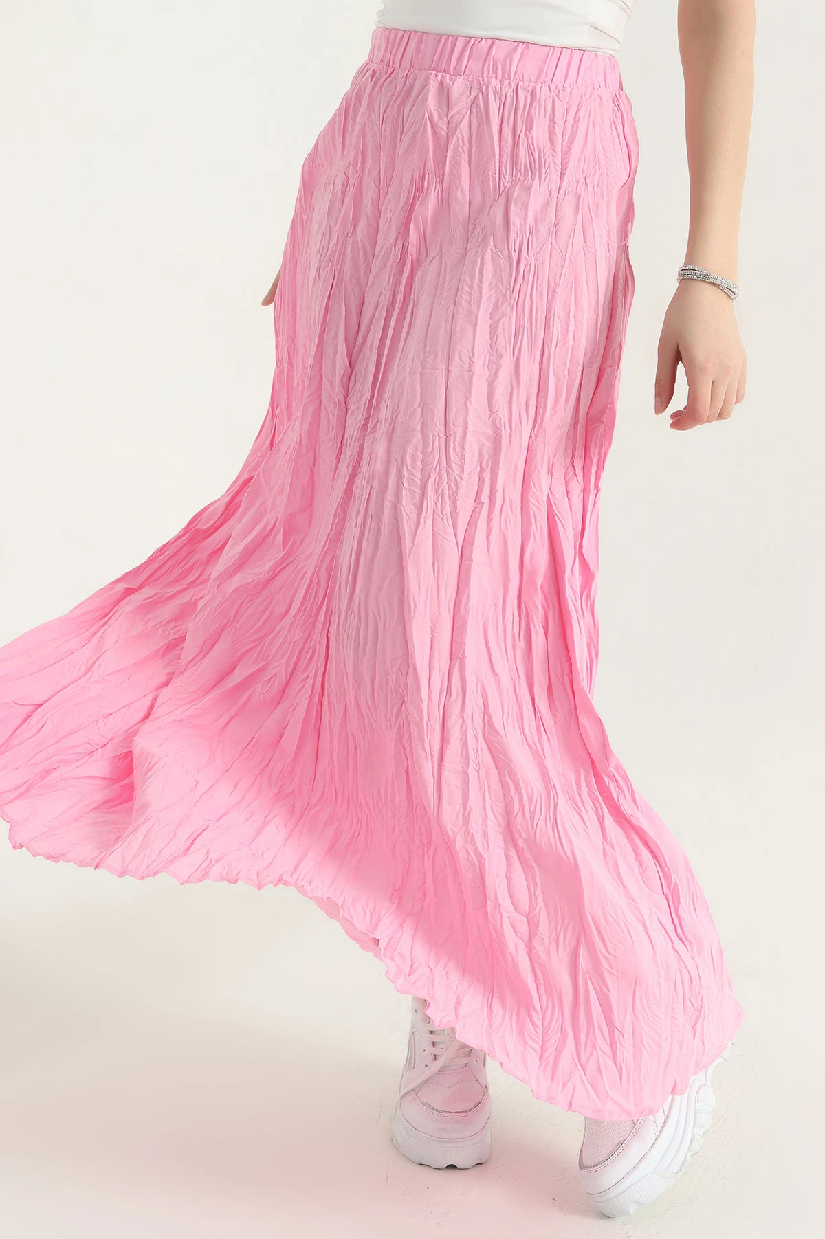 Pembe Beli Lastikli Kırışık Tasarım Etek 342844