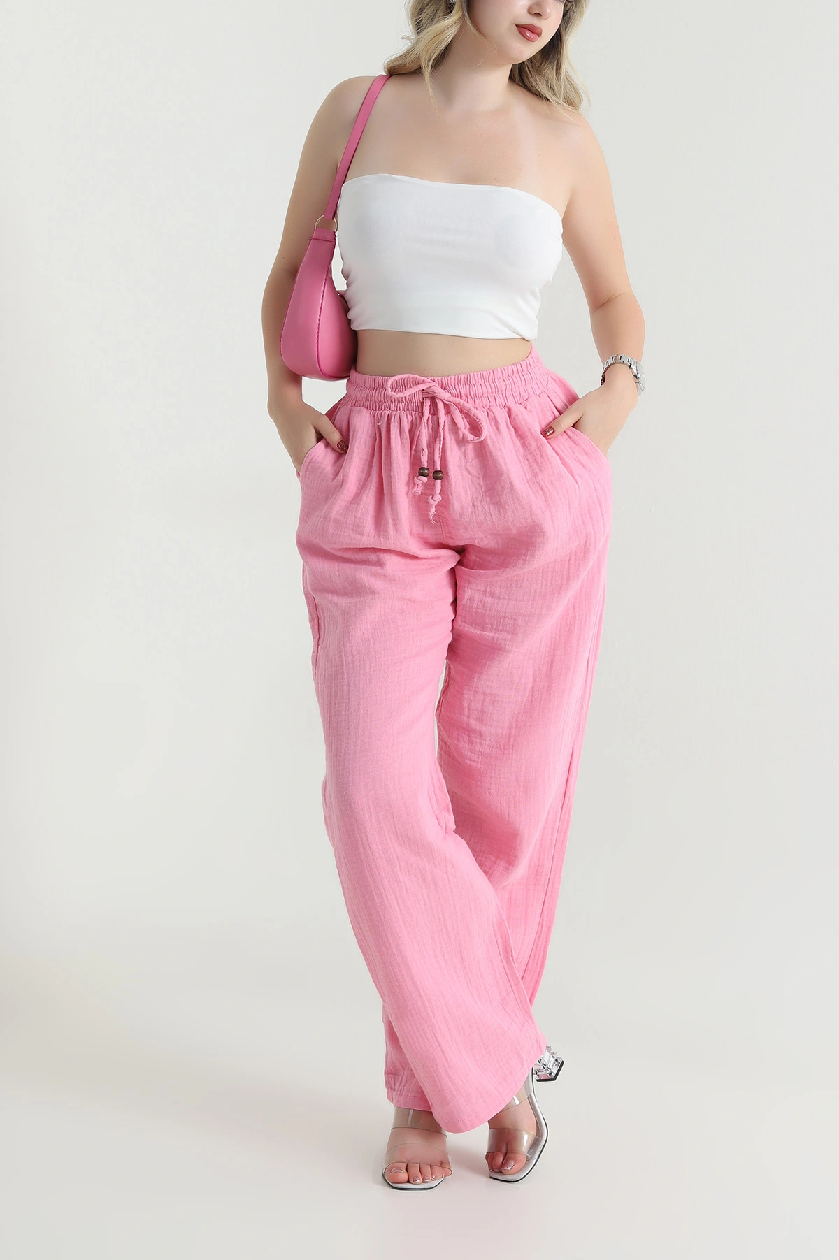 Pembe Beli Lastikli Müslin Keten Kadın Pantolon 464242