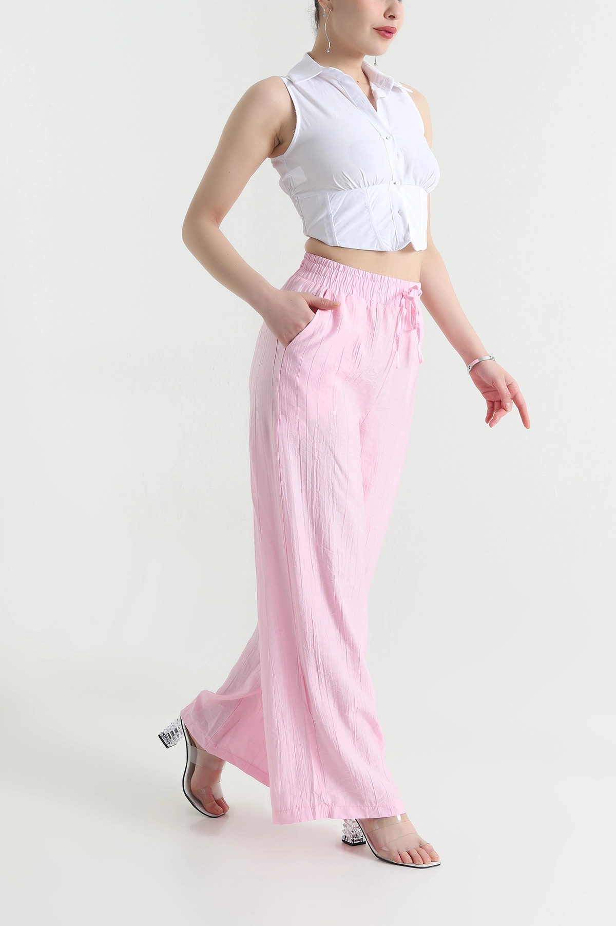 Pembe Beli Lastikli Palazzo Kadın Çilek Yürüyüş Pantolonu 454821