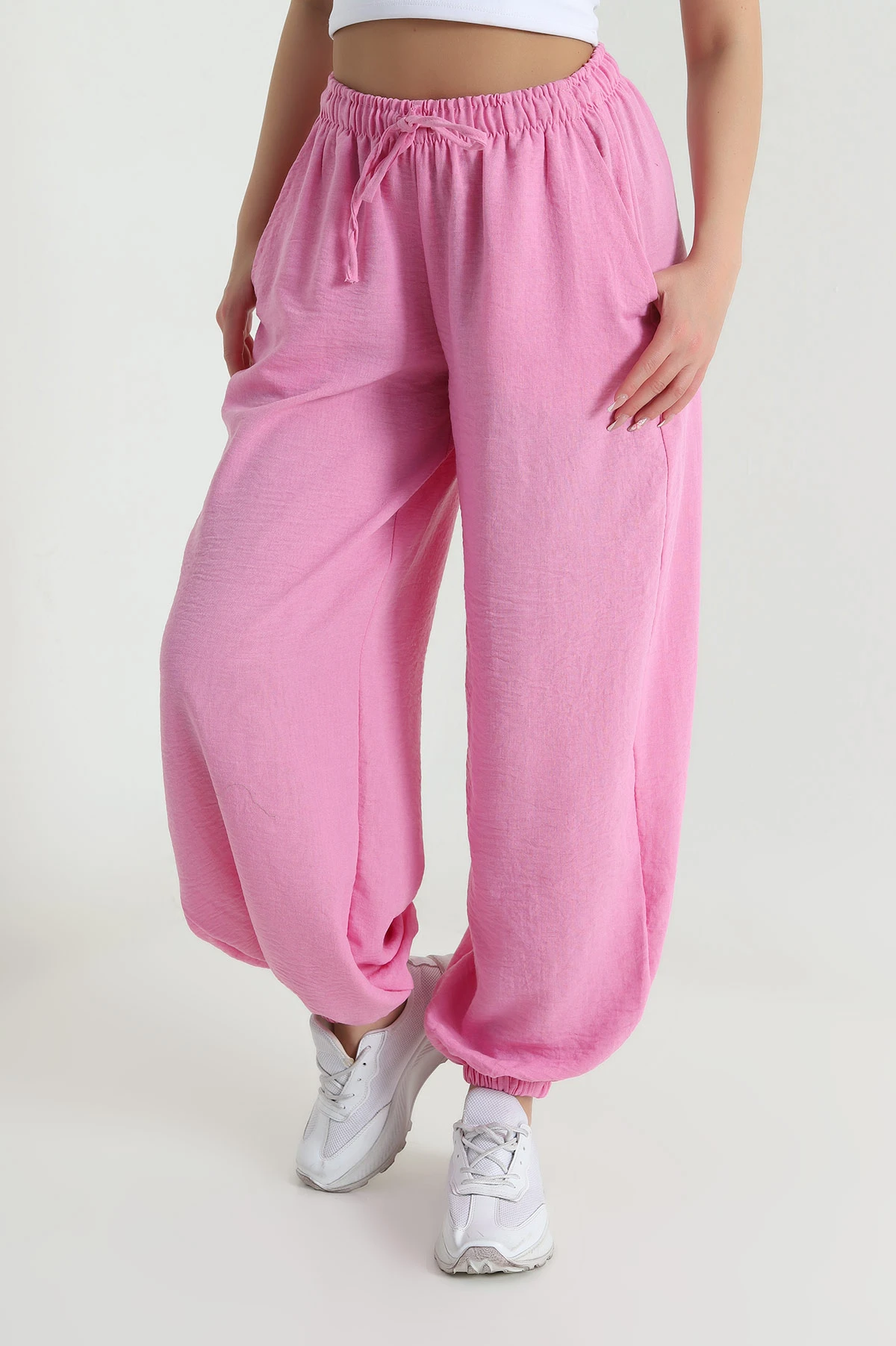 Pembe Beli Lastikli Pera Keten Kadın Şalvar Pantolon 462604