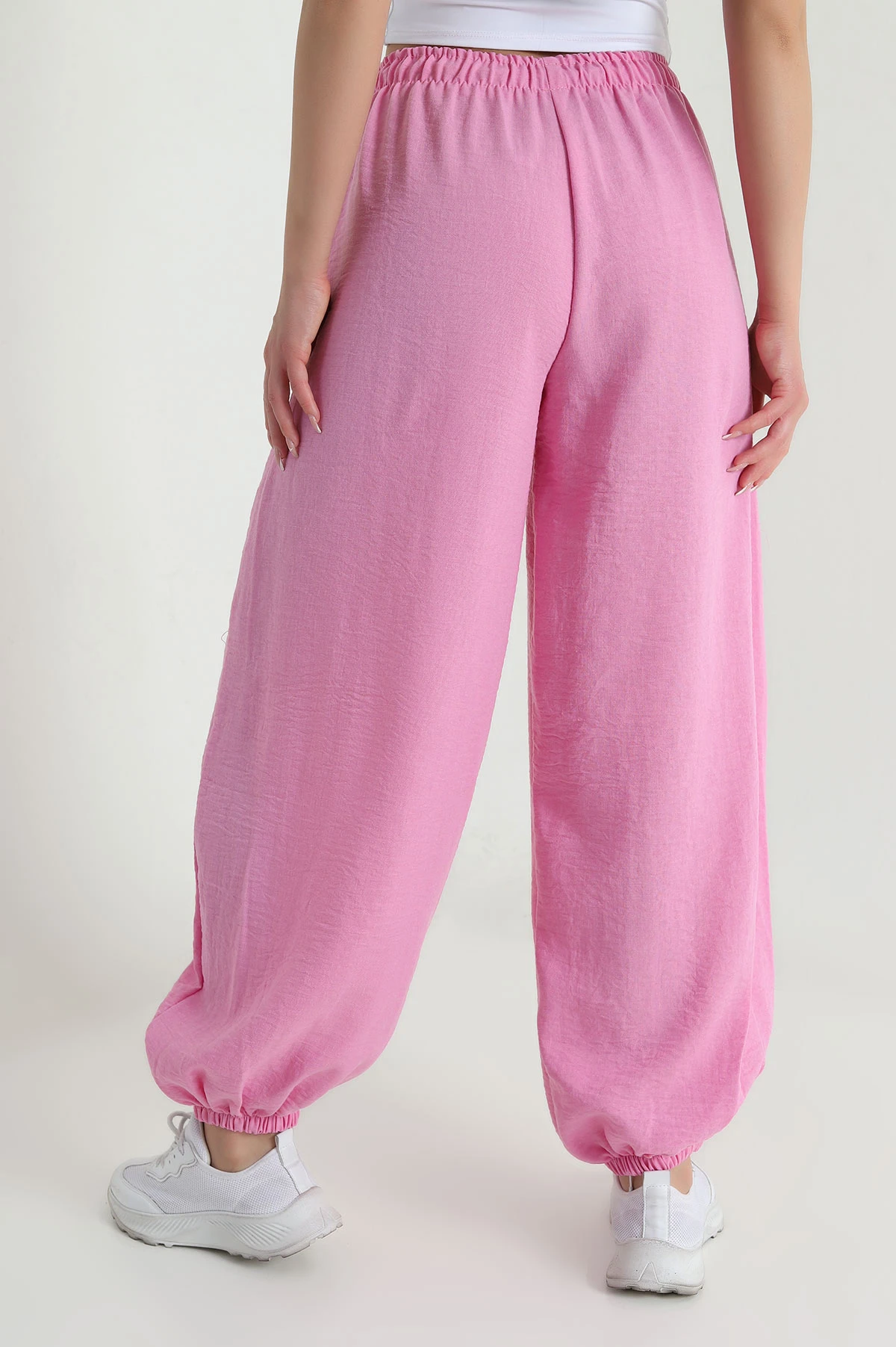 Pembe Beli Lastikli Pera Keten Kadın Şalvar Pantolon 462604