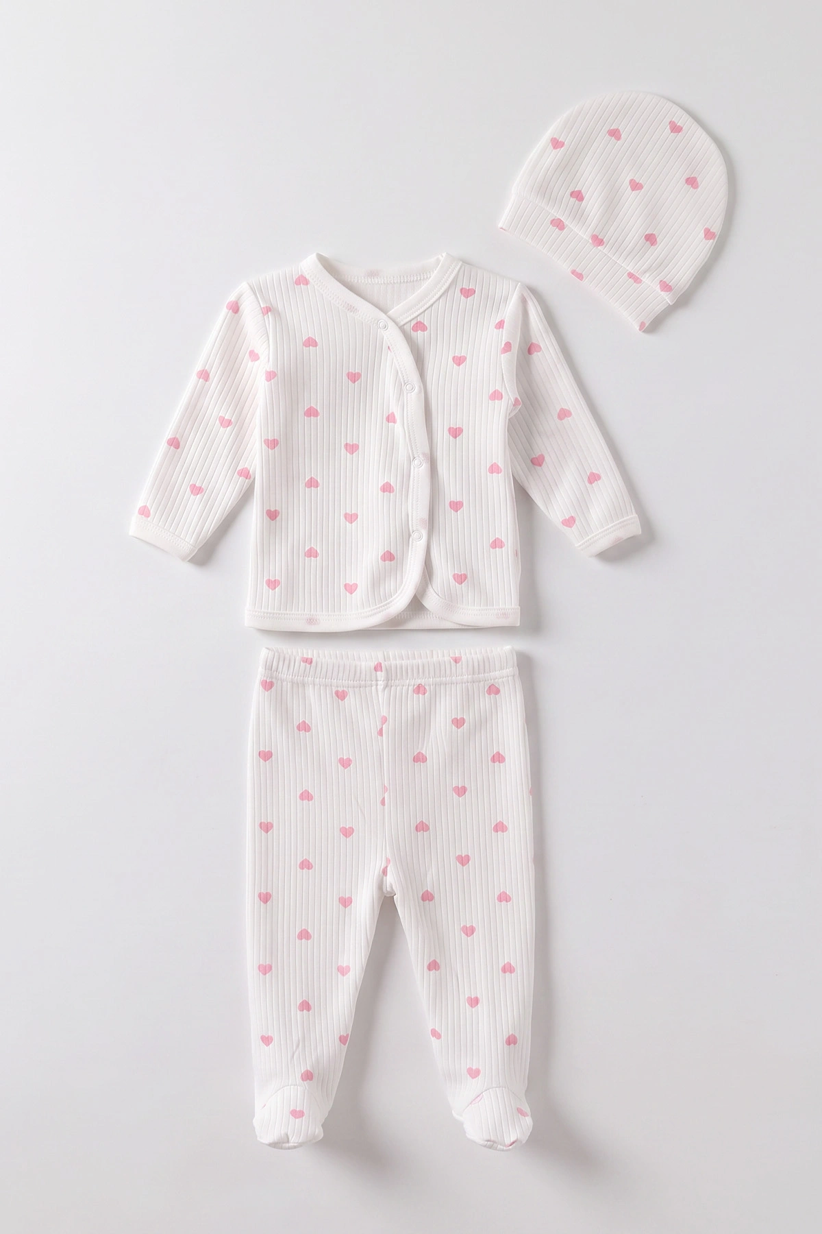 Pembe Beyaz (0-3 Ay) Küçük Kalp Desenli Patikli Raporlu Kız Bebek 3'lü Zıbın Takım 477289