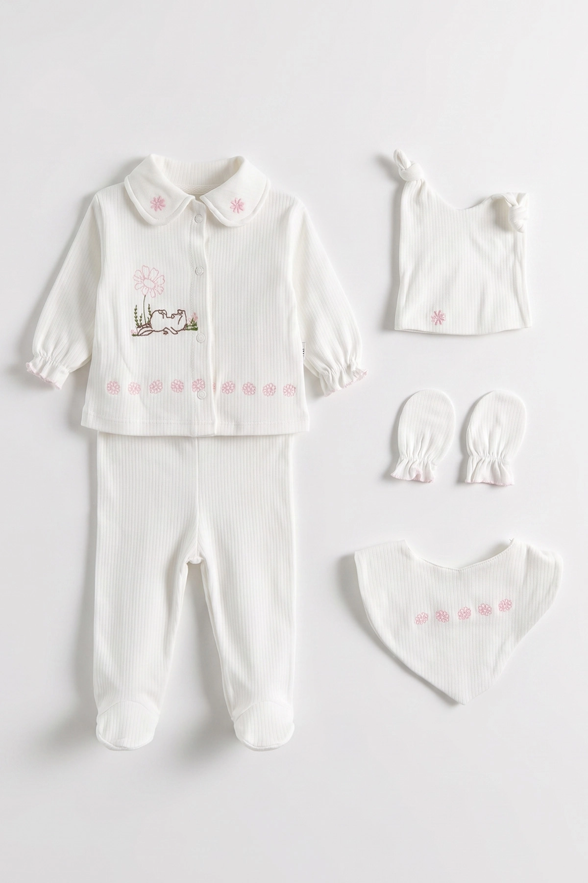 Pembe Beyaz  (0-3 Ay) Tavşan Nakışlı Kutulu Yeni Doğan Kız Bebek 5'li Zıbın Set 475348