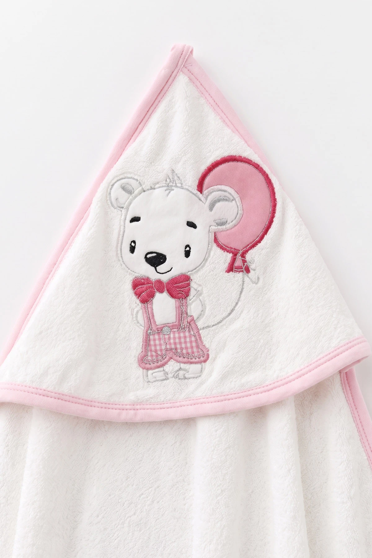 Pembe Beyaz (0-6 Ay) Balonlu Ayıcık Nakışlı Çift Katlı Bebek Silgi Havlu 476271