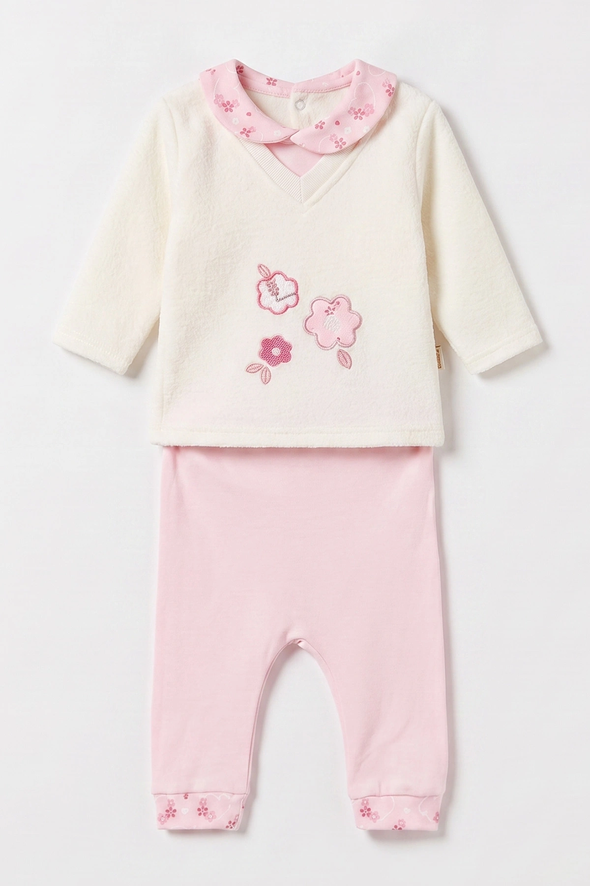 Pembe  Beyaz (0-9 Ay) Çiçek Nakışlı Bebe Yaka Kız Bebek 2'li Takım 477053