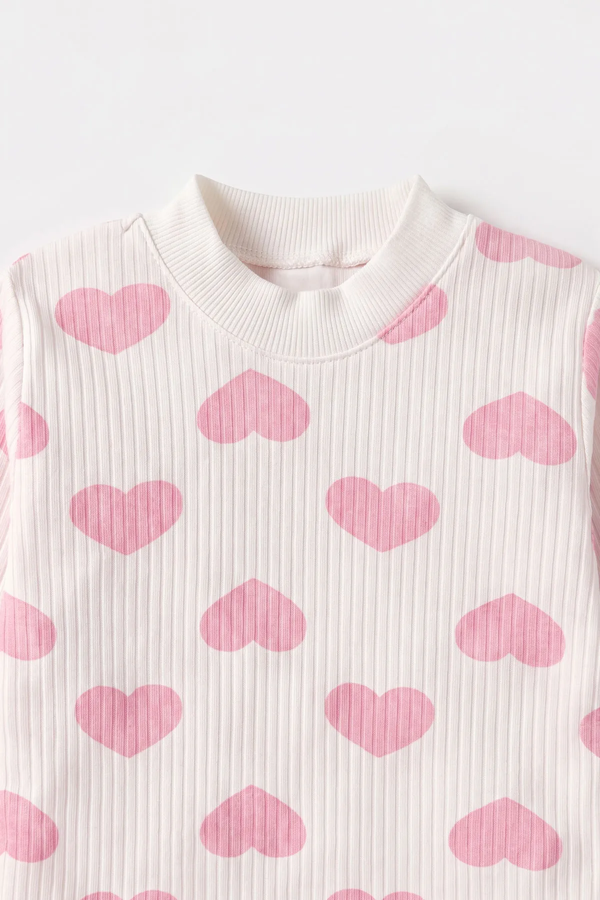Pembe Beyaz   (1-3 Yaş) Kalp Desenli  Raporlu Kız Çocuk Pijama Takım 477353