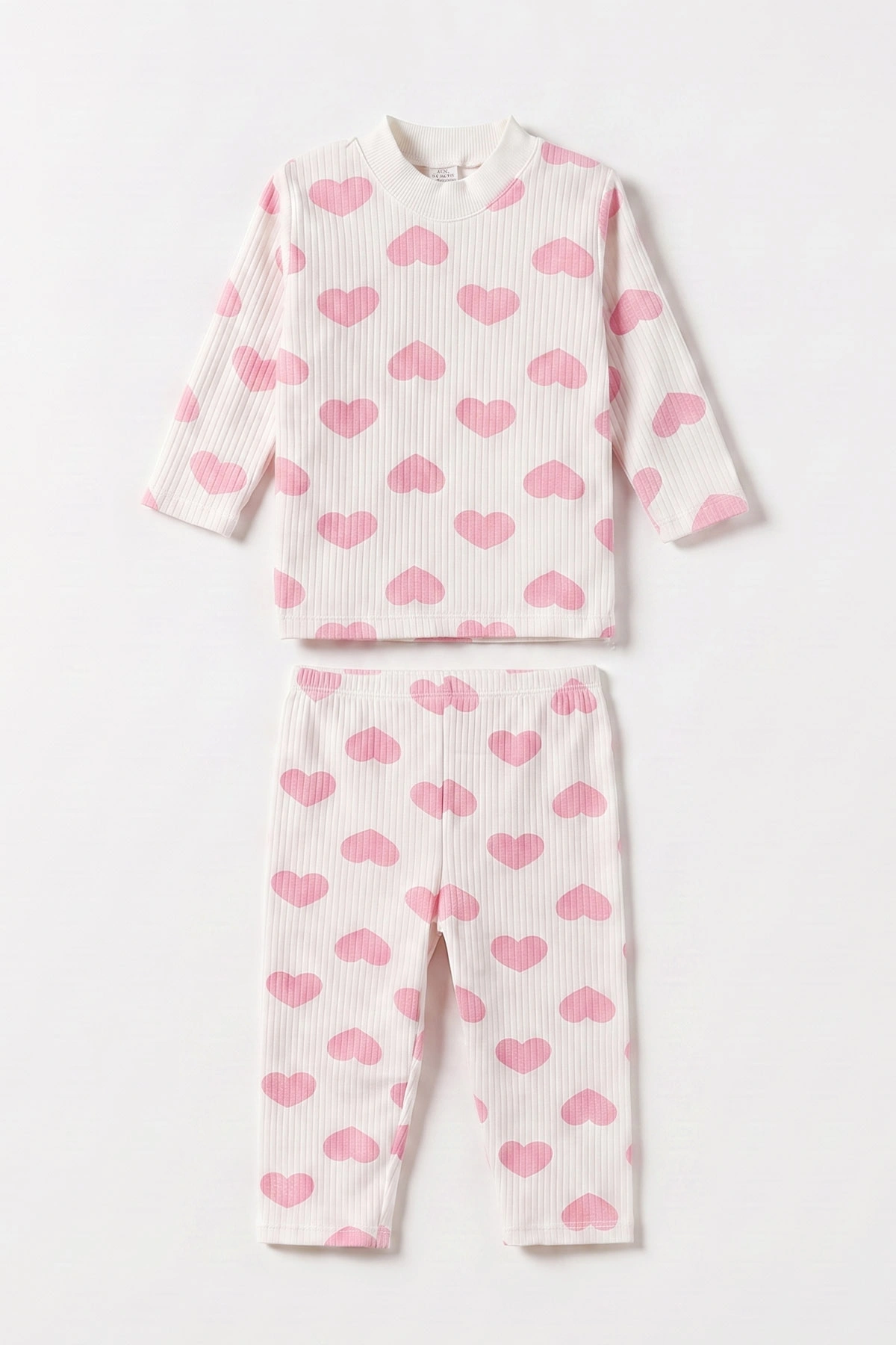 Pembe Beyaz   (1-3 Yaş) Kalp Desenli  Raporlu Kız Çocuk Pijama Takım 477353