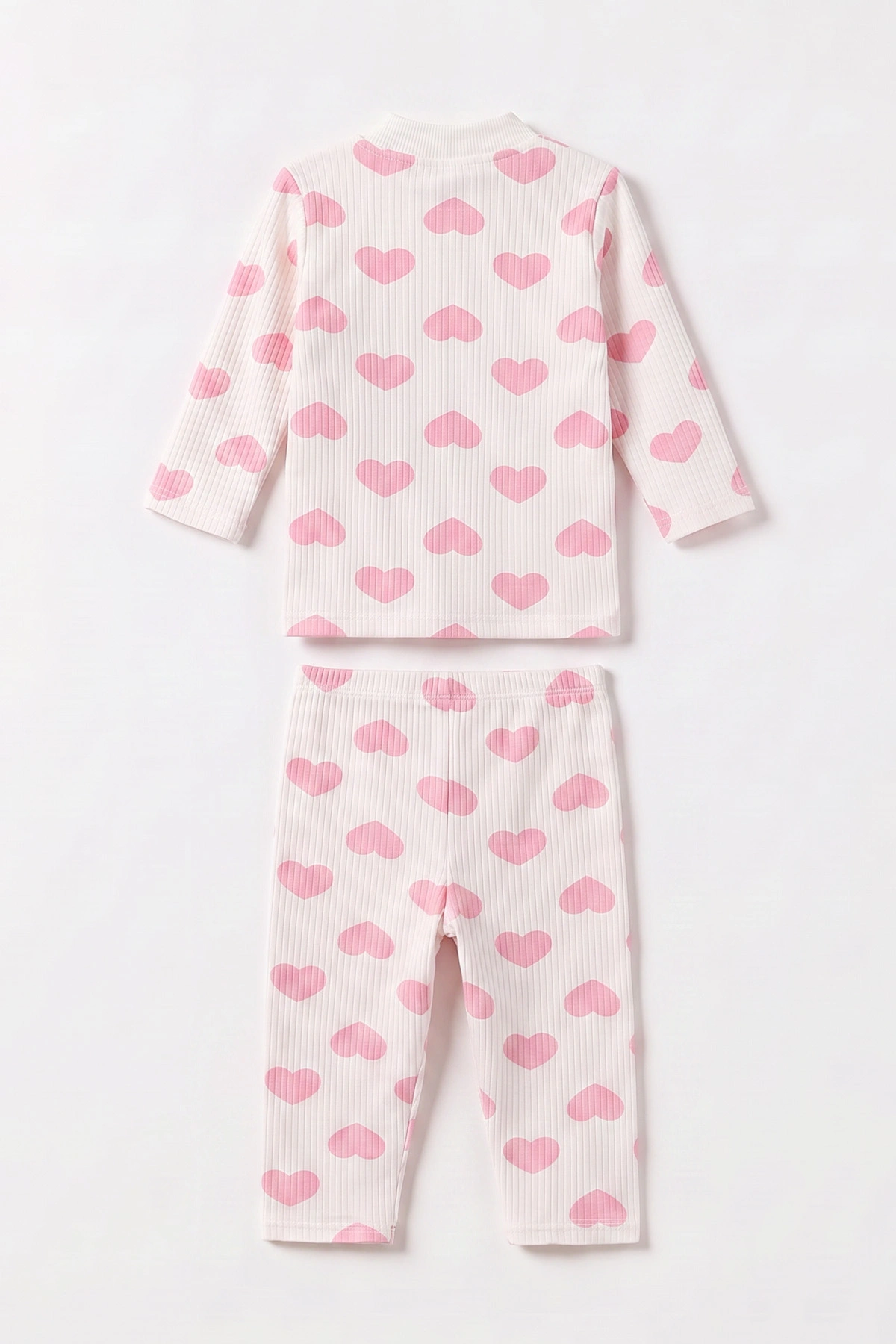 Pembe Beyaz   (1-3 Yaş) Kalp Desenli  Raporlu Kız Çocuk Pijama Takım 477353