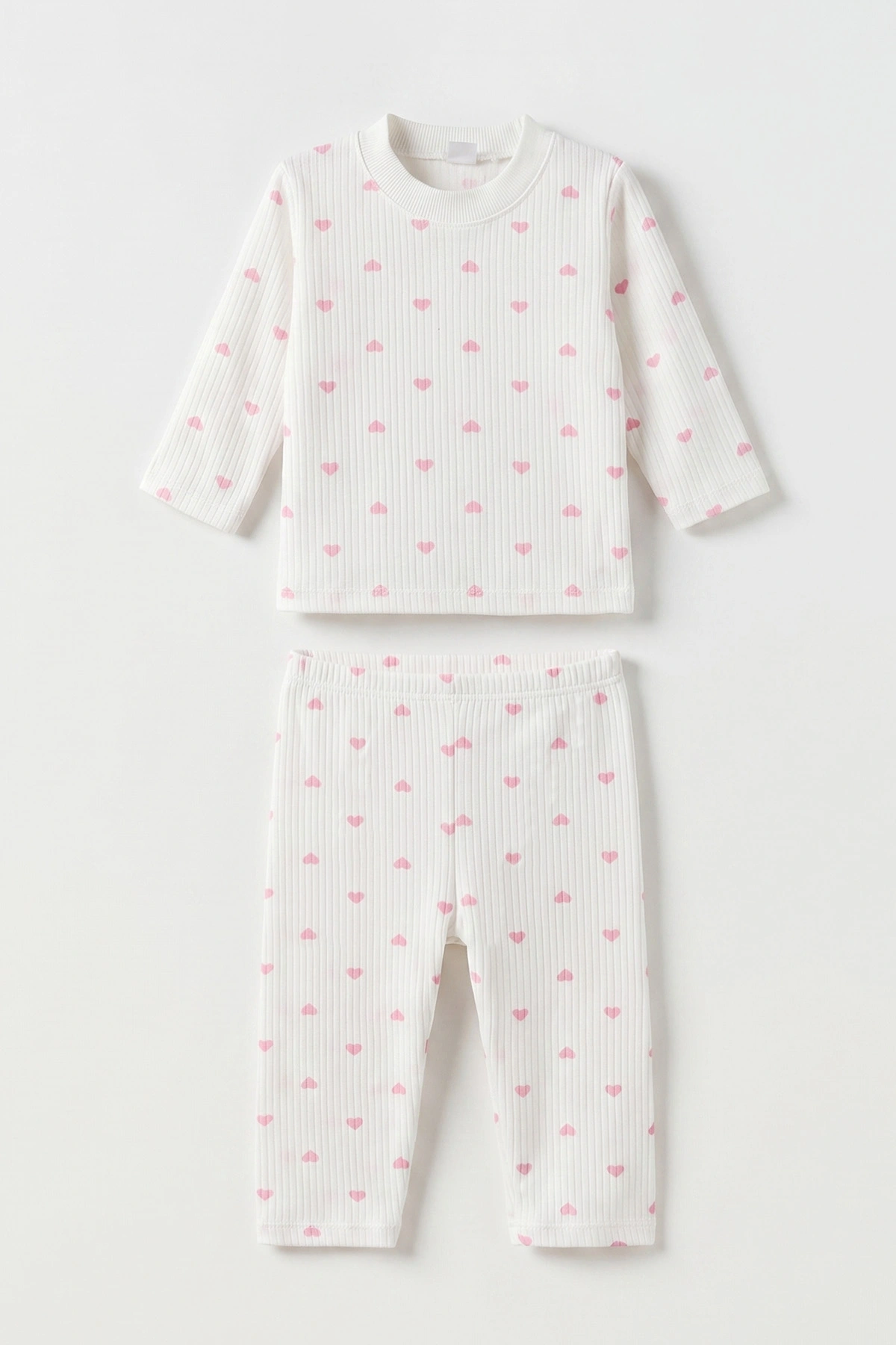 Pembe Beyaz   (1-3 Yaş) Küçük Kalp Desenli  Raporlu Kız Çocuk Pijama Takım 477357