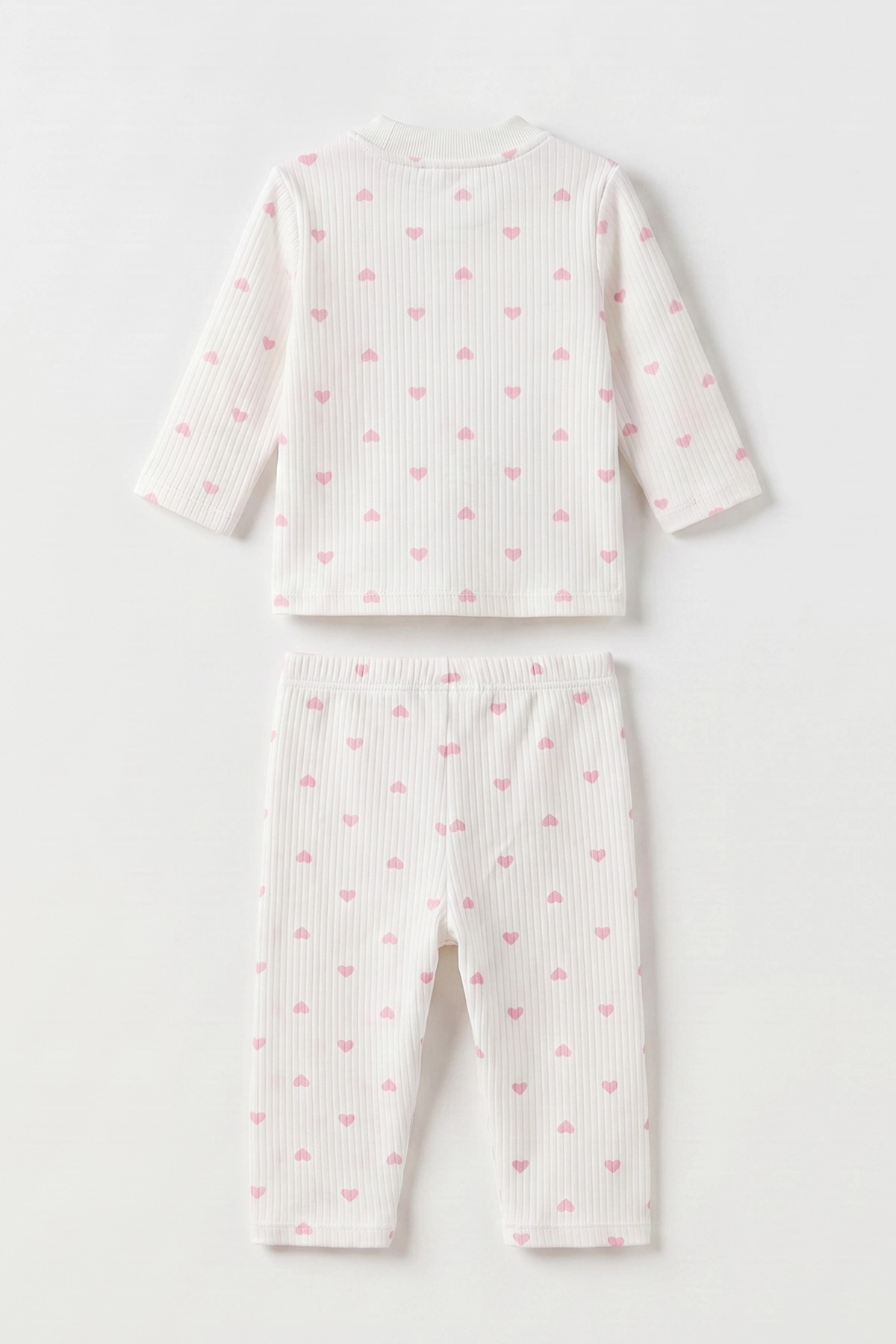 Pembe Beyaz   (1-3 Yaş) Küçük Kalp Desenli  Raporlu Kız Çocuk Pijama Takım 477357