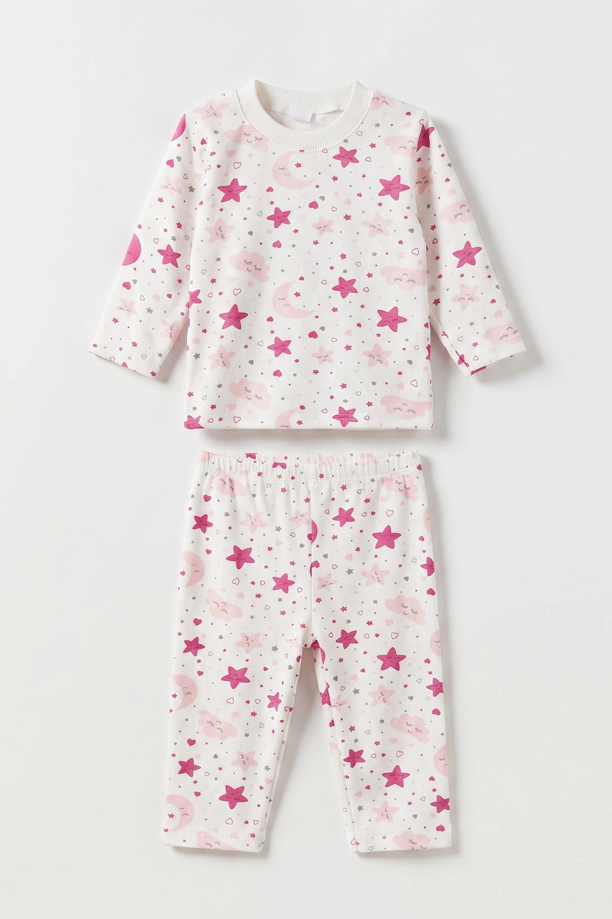 Pembe Beyaz   (1-3 Yaş) Yıldız ve Bulut Desenli  Çocuk Pijama Takım 477360