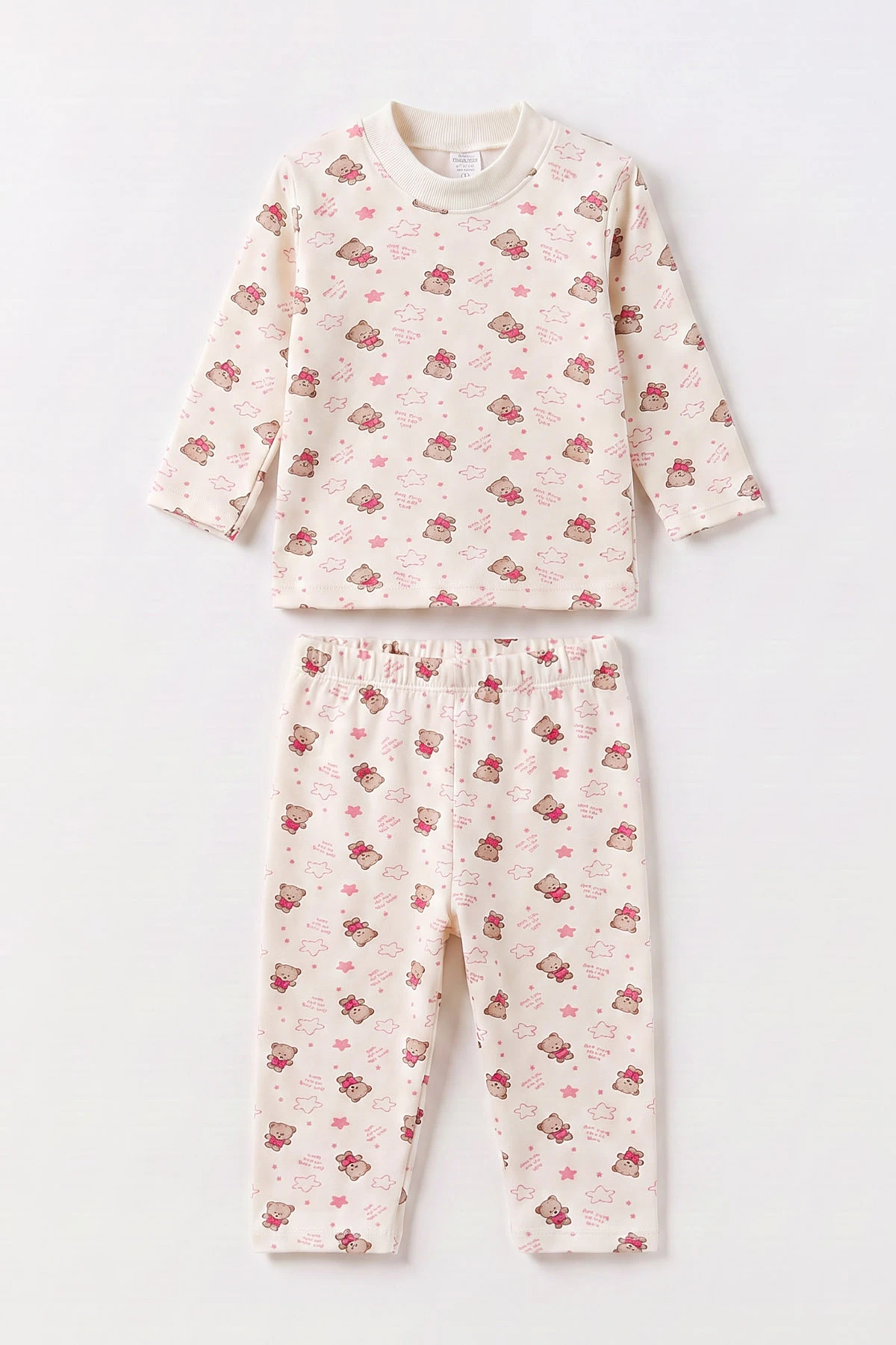 Pembe Beyaz   (1-3 Yaş) Yıldızlı Ayıcık Desenli   Çocuk Pijama Takım 477363
