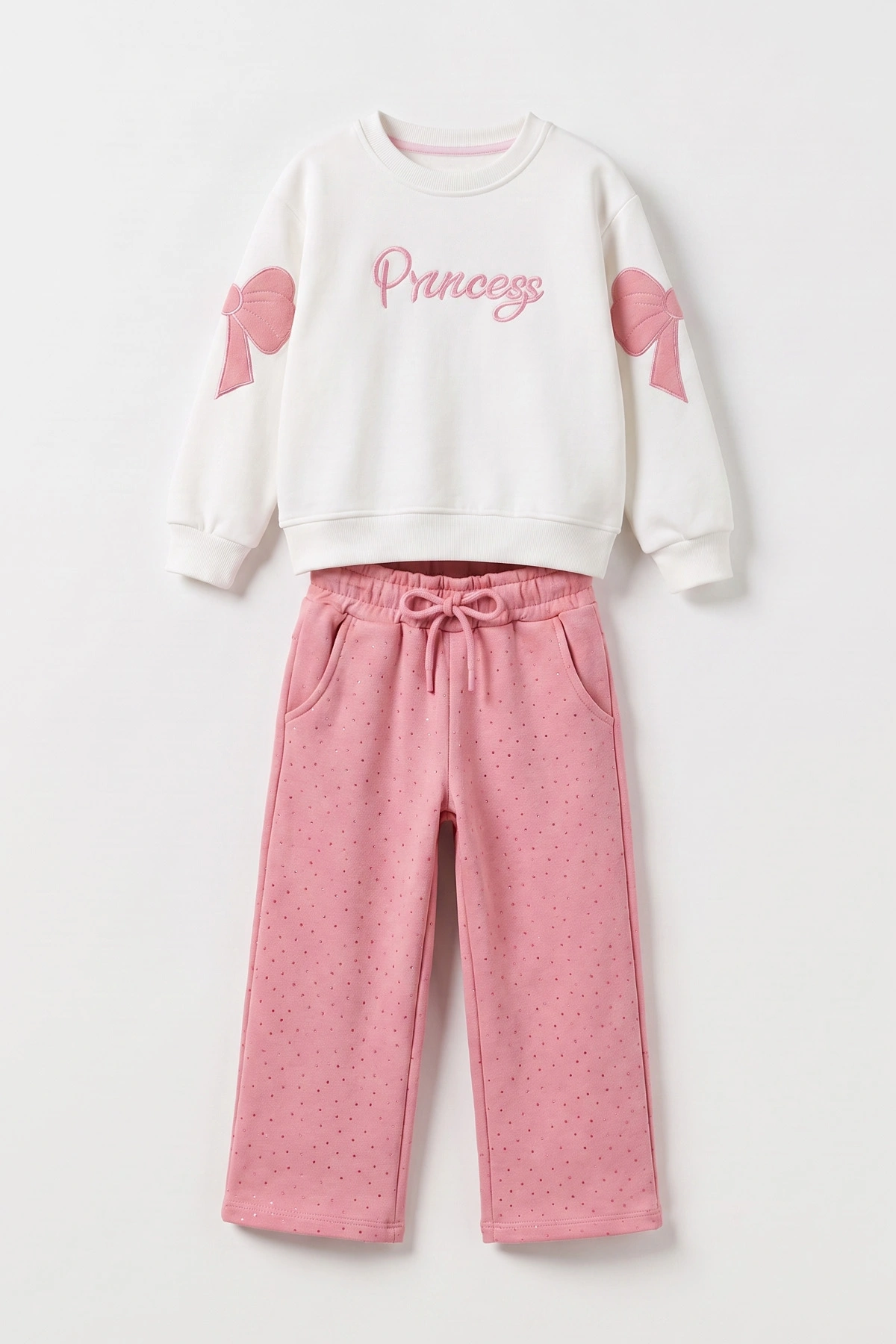 Pembe Beyaz (4-11 Yaş) Princess Nakışlı Taş Baskılı 3 İp Şardonlu Kız Çocuk Kışlık Takım 482491