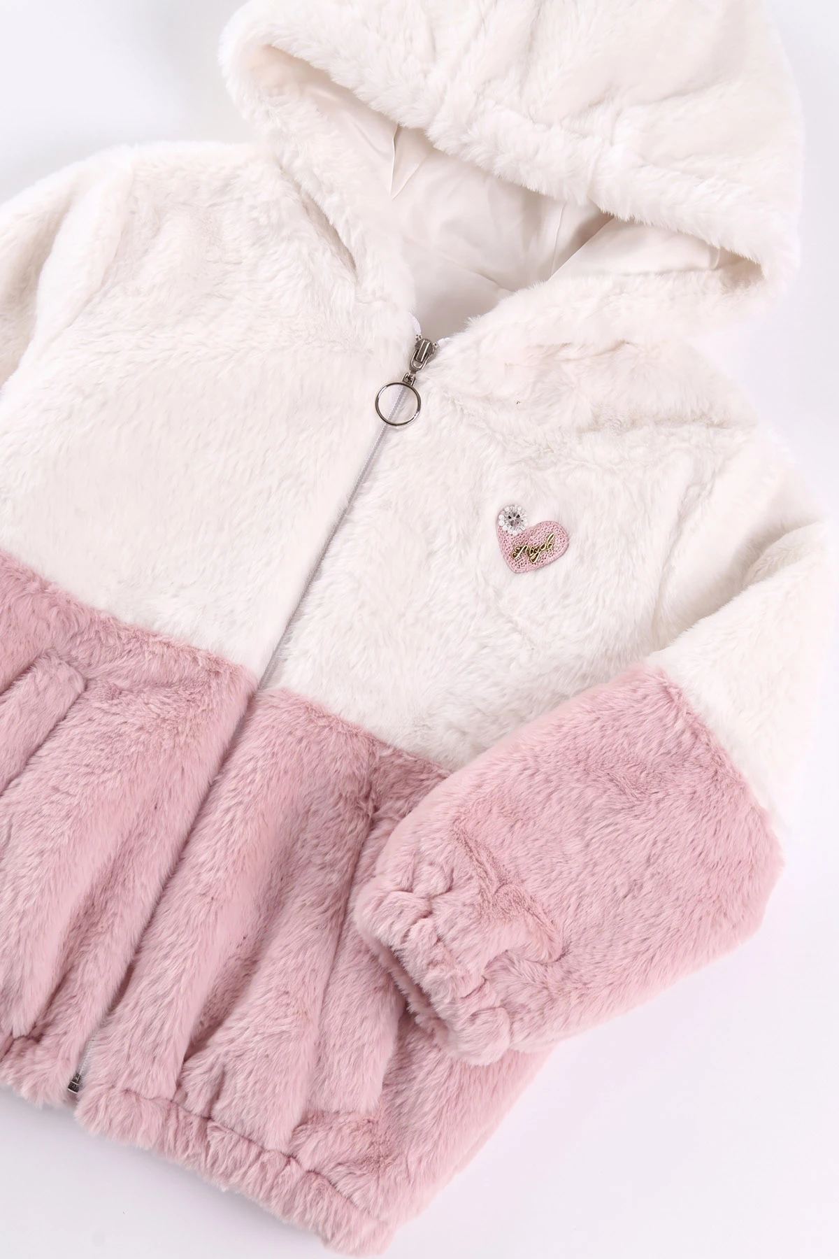 Pembe Beyaz (7-14 Yaş)2 Renkli Kapüşonlu  Kız Çocuk Peluş  Ceket 494171