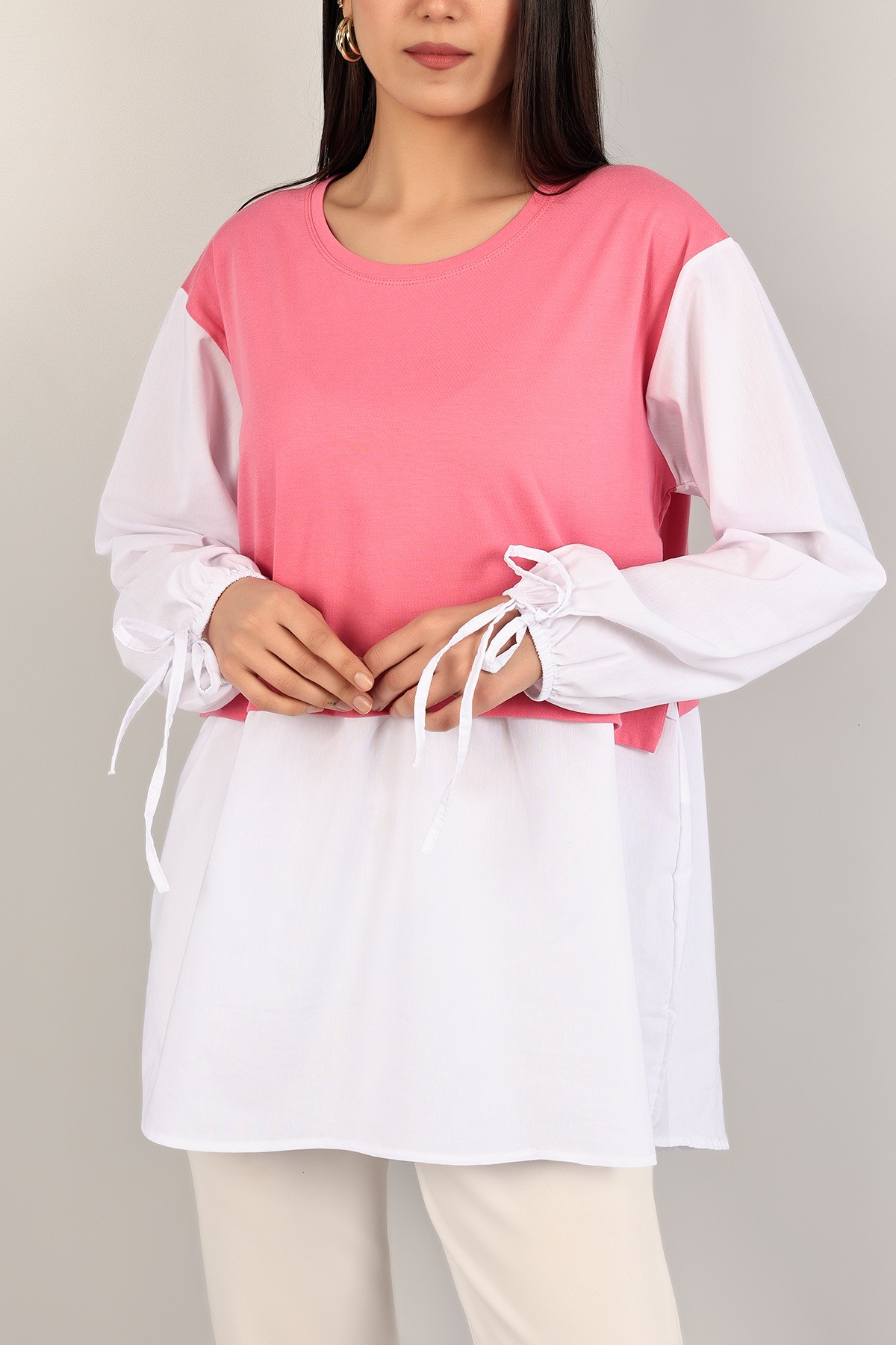 Pembe Beyaz Poplin Garnili Bağlamalı Tunik 109320