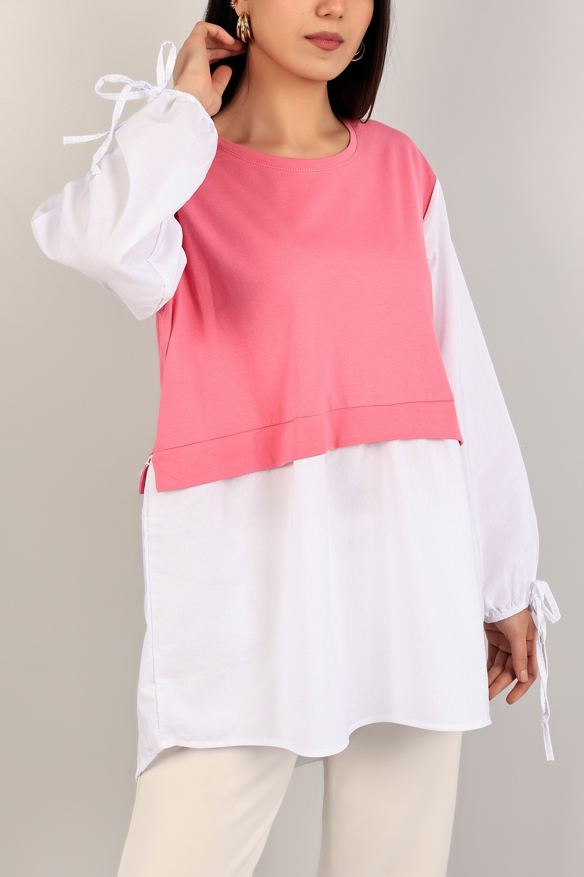 Pembe Beyaz Poplin Garnili Bağlamalı Tunik 109320