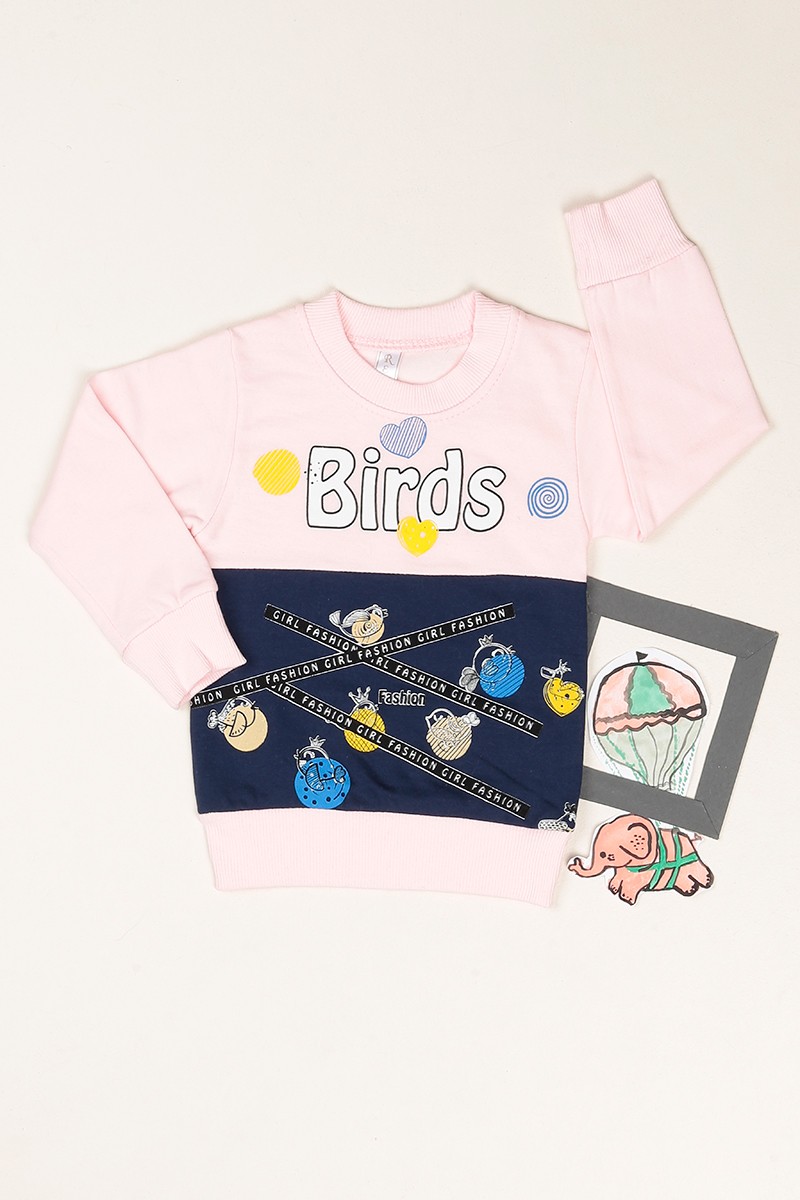 Pembe Birds Baskılı İçi Şardonlu Kız Çocuk Sweatshirt 80608